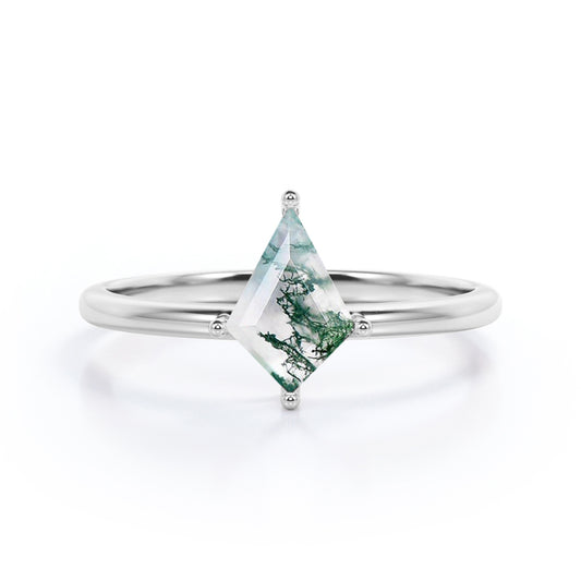 Prong Solitaire 1 carat Kite shaped Moss Green Agate engagement ring in White gold
