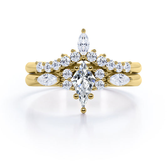 Boho inspired 1.5 carat Kite shaped Moissanite and diamond chevron wedding ring set in yellow gold