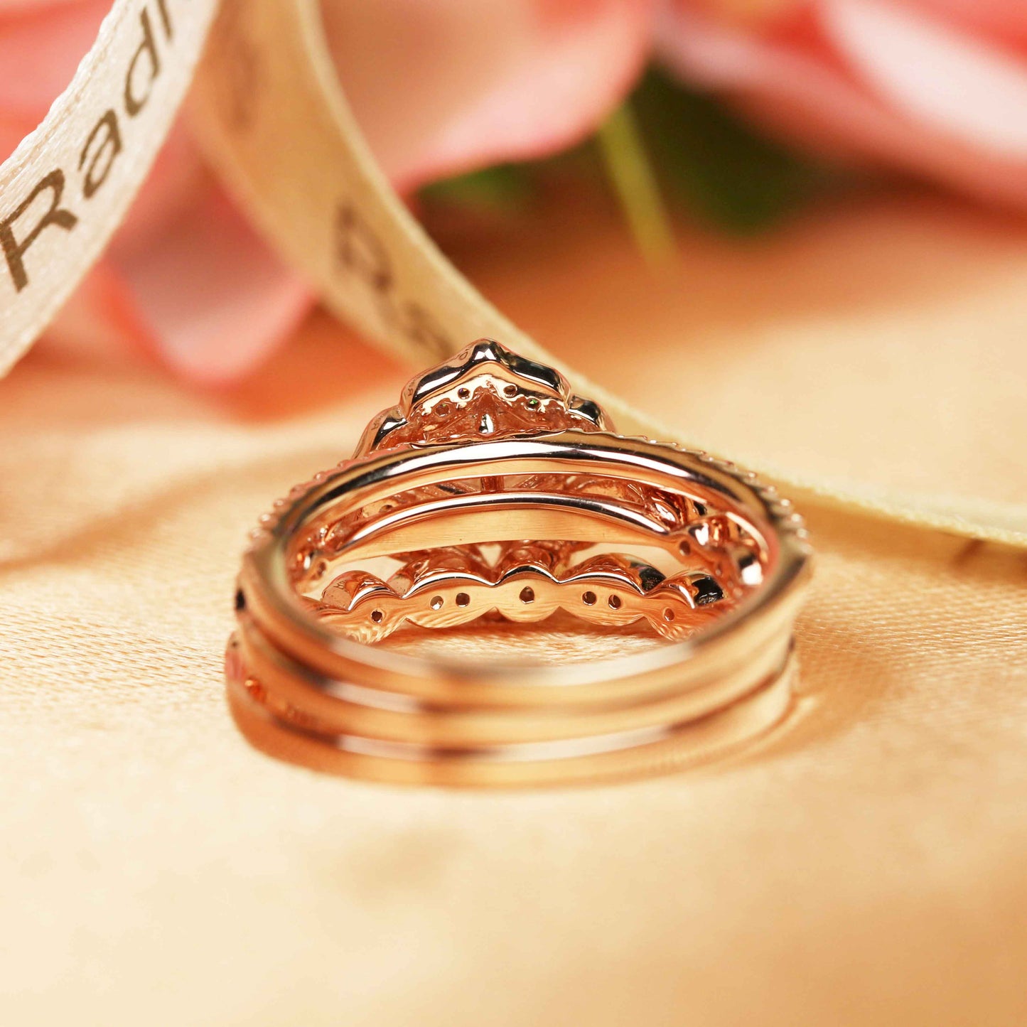 Art deco Vintage 1.9 carat Round cut Moissanite Trio Wedding Bridal Ring Set in Rose Gold