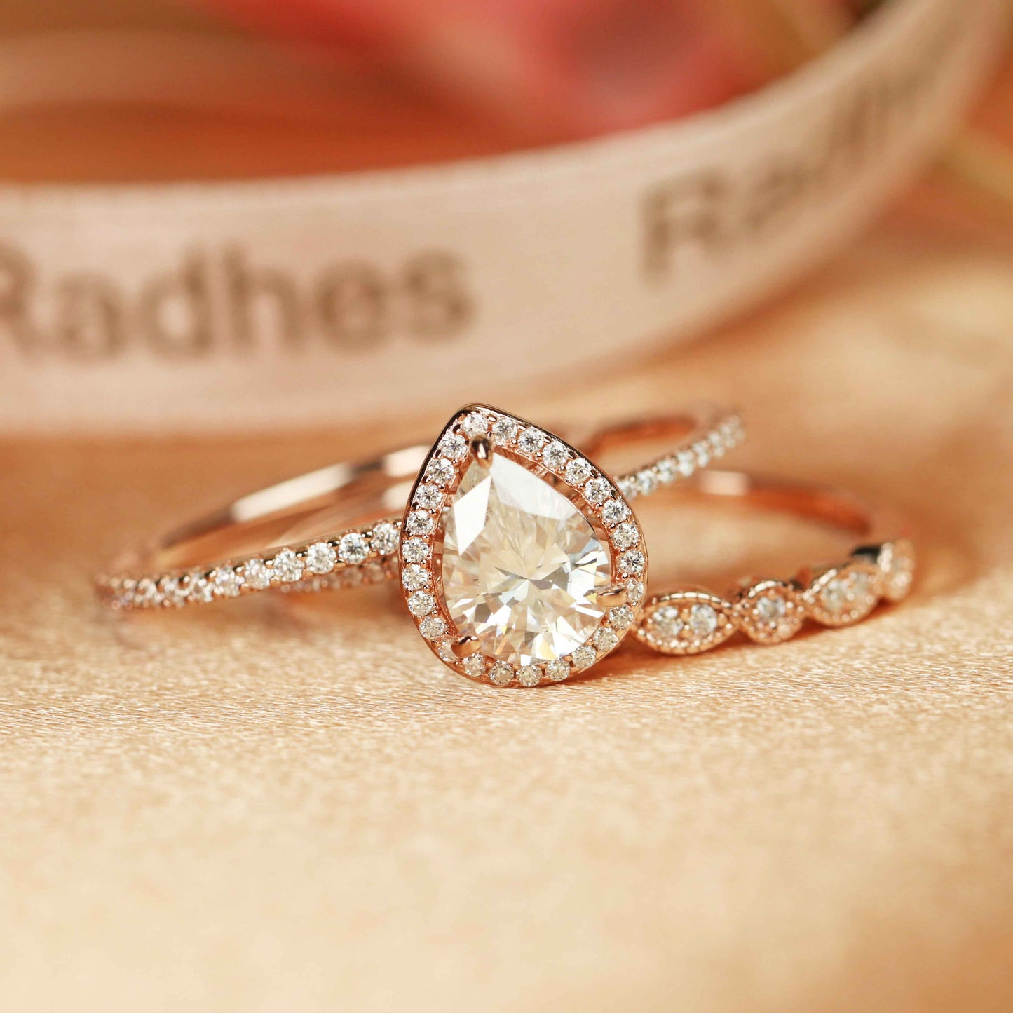 1.9 carat pear shape tear drop Moissanite Trio Wedding Bridal Ring Set in Rose Gold