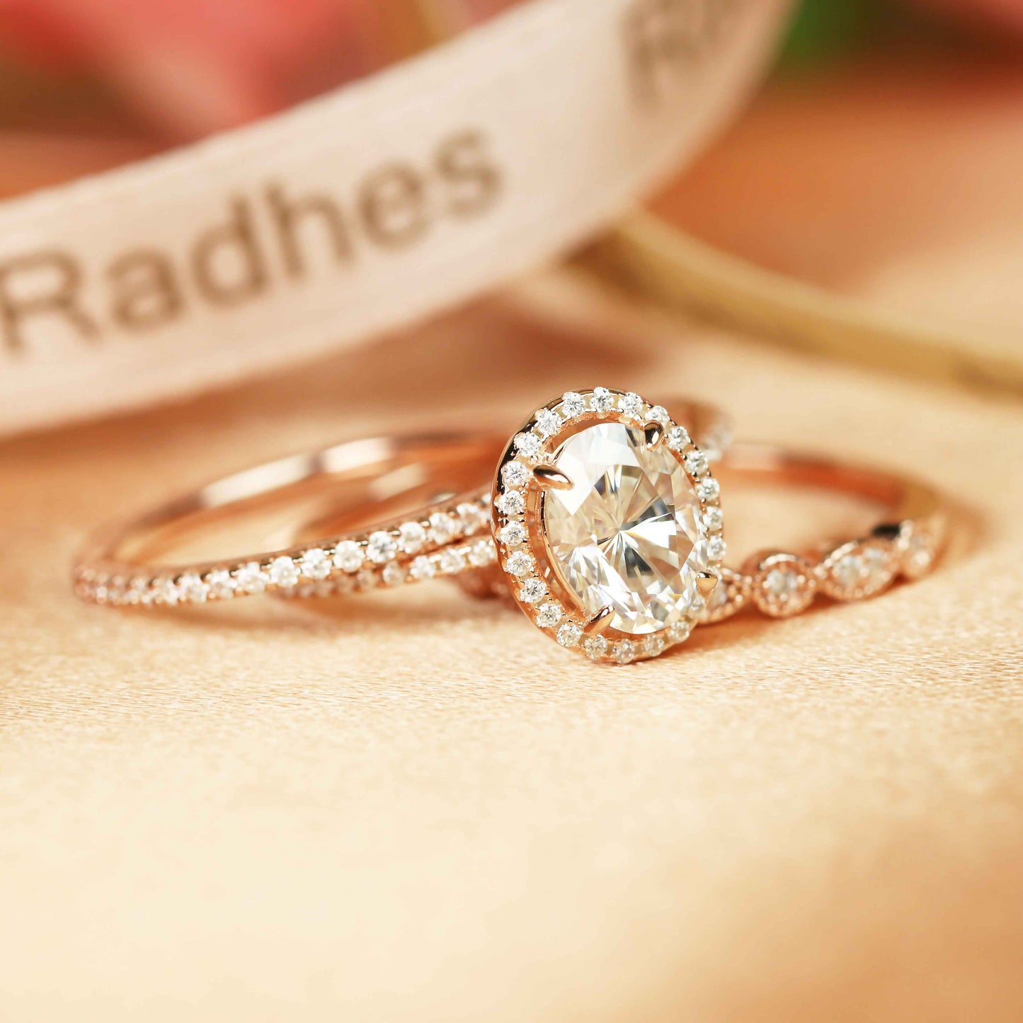 Luxury Halo 1.9 carat Oval Cut Moissanite and Diamond Semi-mount Trio Bridal Ring Set in Gold