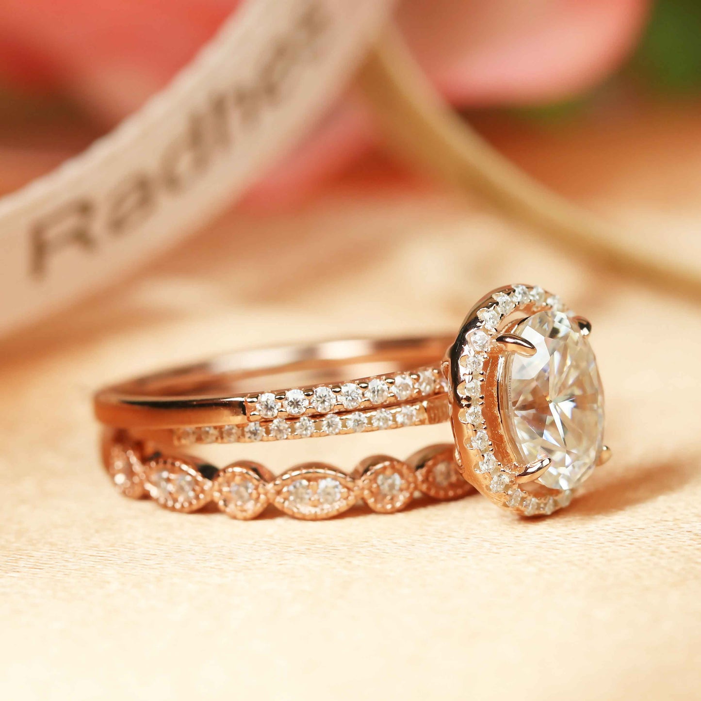Luxury Halo 1.9 carat Oval Cut Moissanite and Diamond Semi-mount Trio Bridal Ring Set in Gold