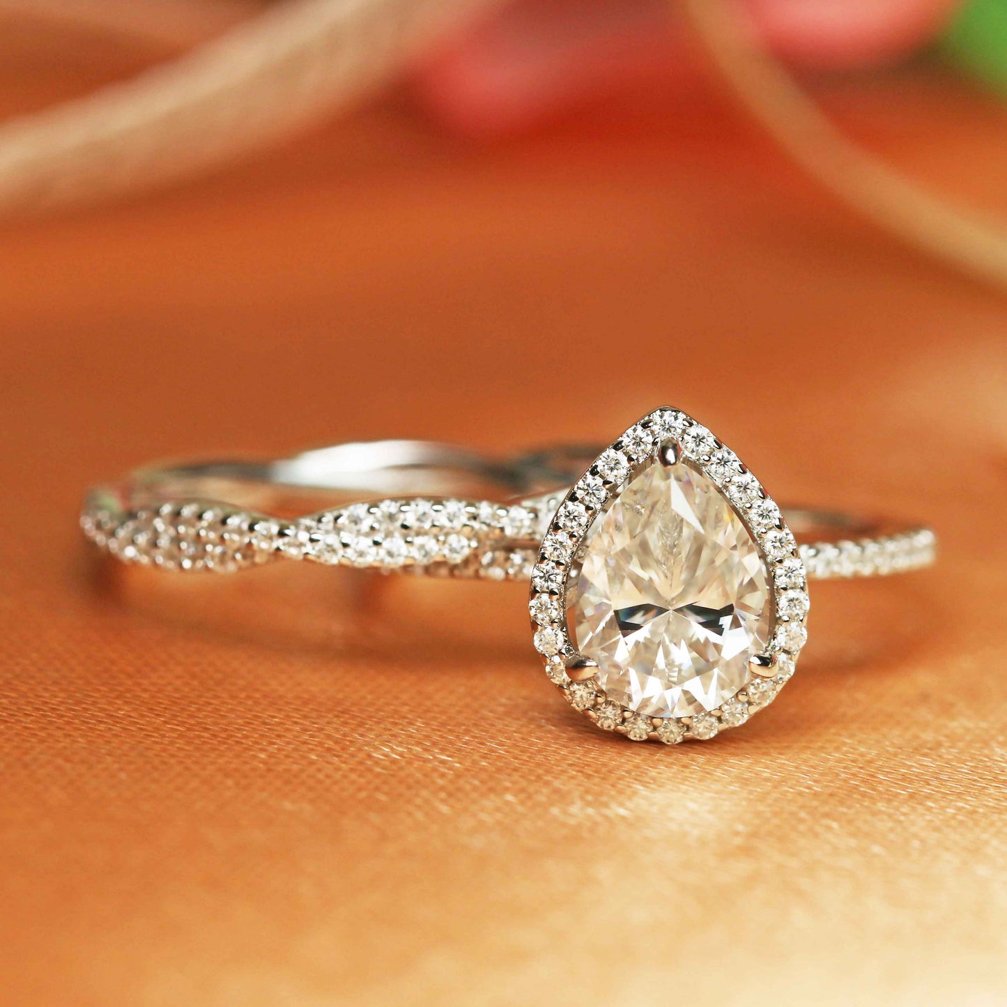 Vintage Halo set 1.75 carat pear shape Moissanite and Diamond Bridal Wedding Set in Gold