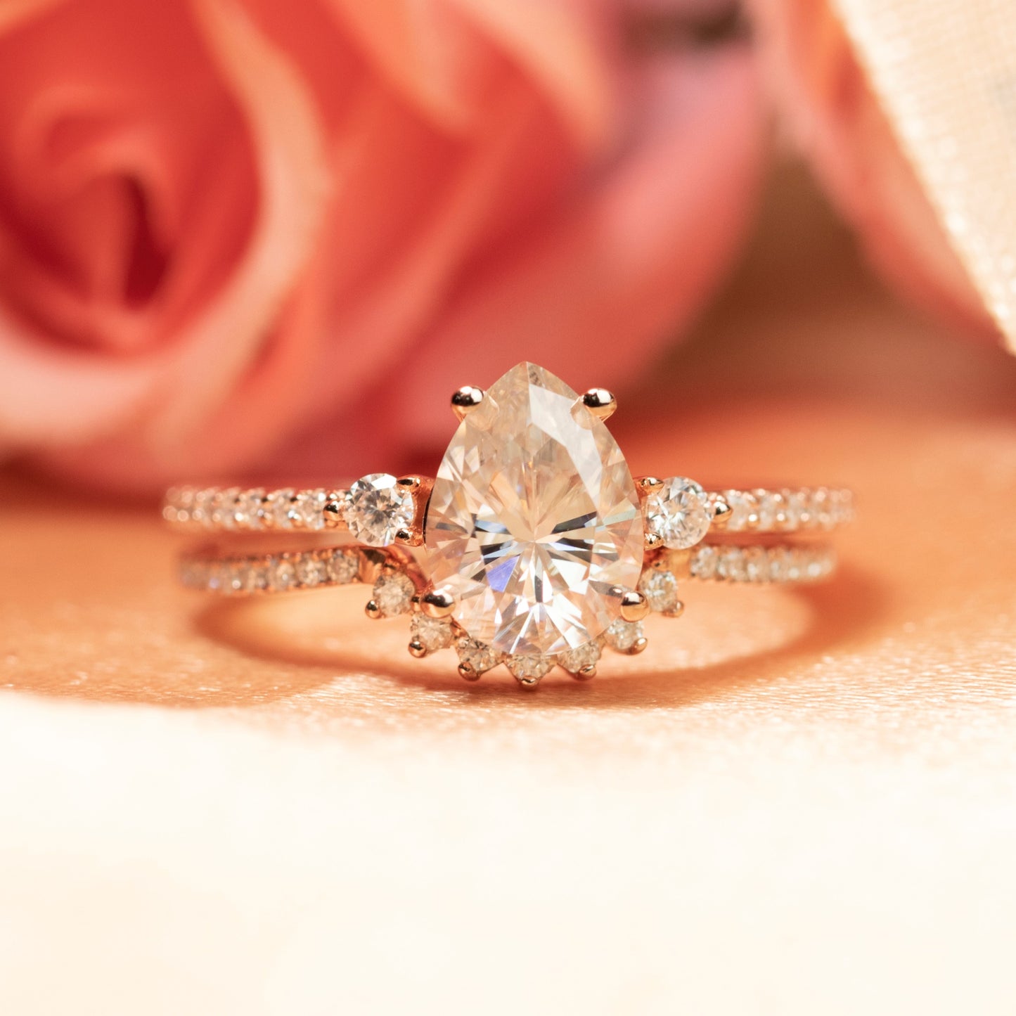 Timeless 1.4 carat Tear Drop Cut Moissanite Nesting Wedding Ring Set in Rose Gold