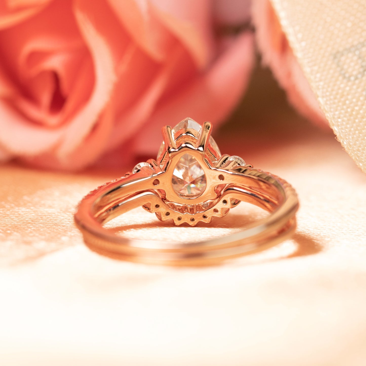 Timeless 1.4 carat Tear Drop Cut Moissanite Nesting Wedding Ring Set in Rose Gold