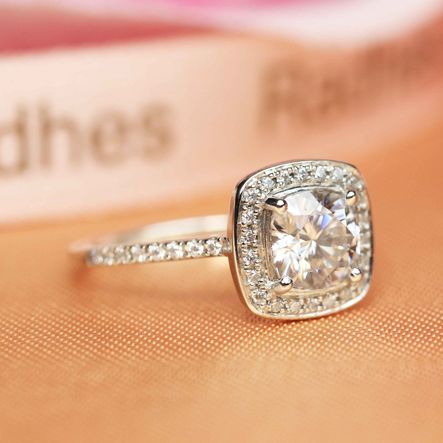 Unique 1.35 carat cushion cut Moissanite Halo Engagement Ring in Gold