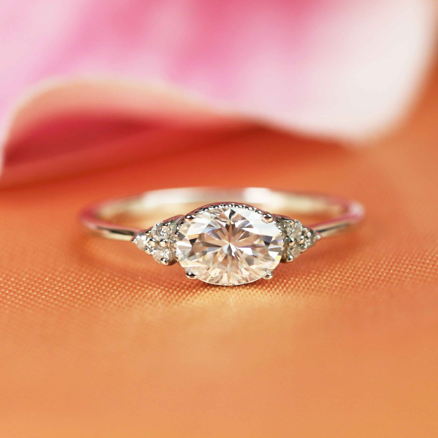 Two Row 1 carat oval cut Moissanite Engagement Ring in Gold