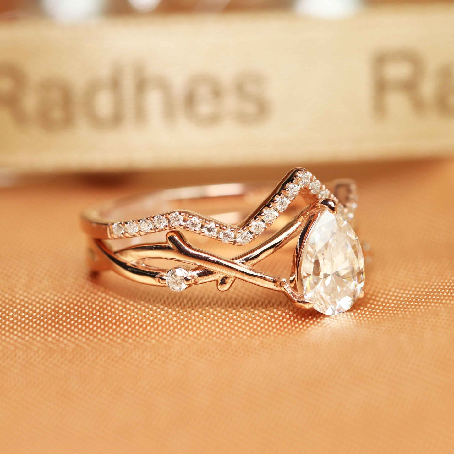 1.30 carat pear shape tear drop Moissanite Wedding Ring Set in Rose Gold