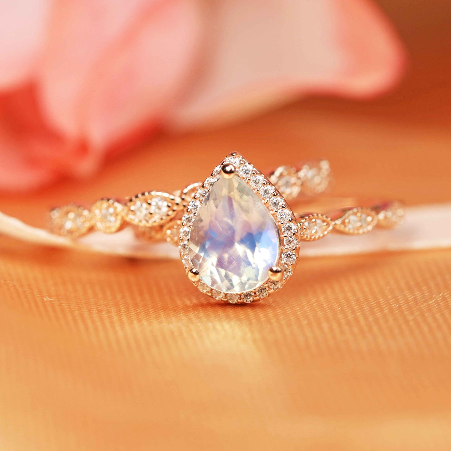 Vintage Halo 1.5 carat pear shape Rainbow Moonstone Wedding Ring Set in Rose Gold