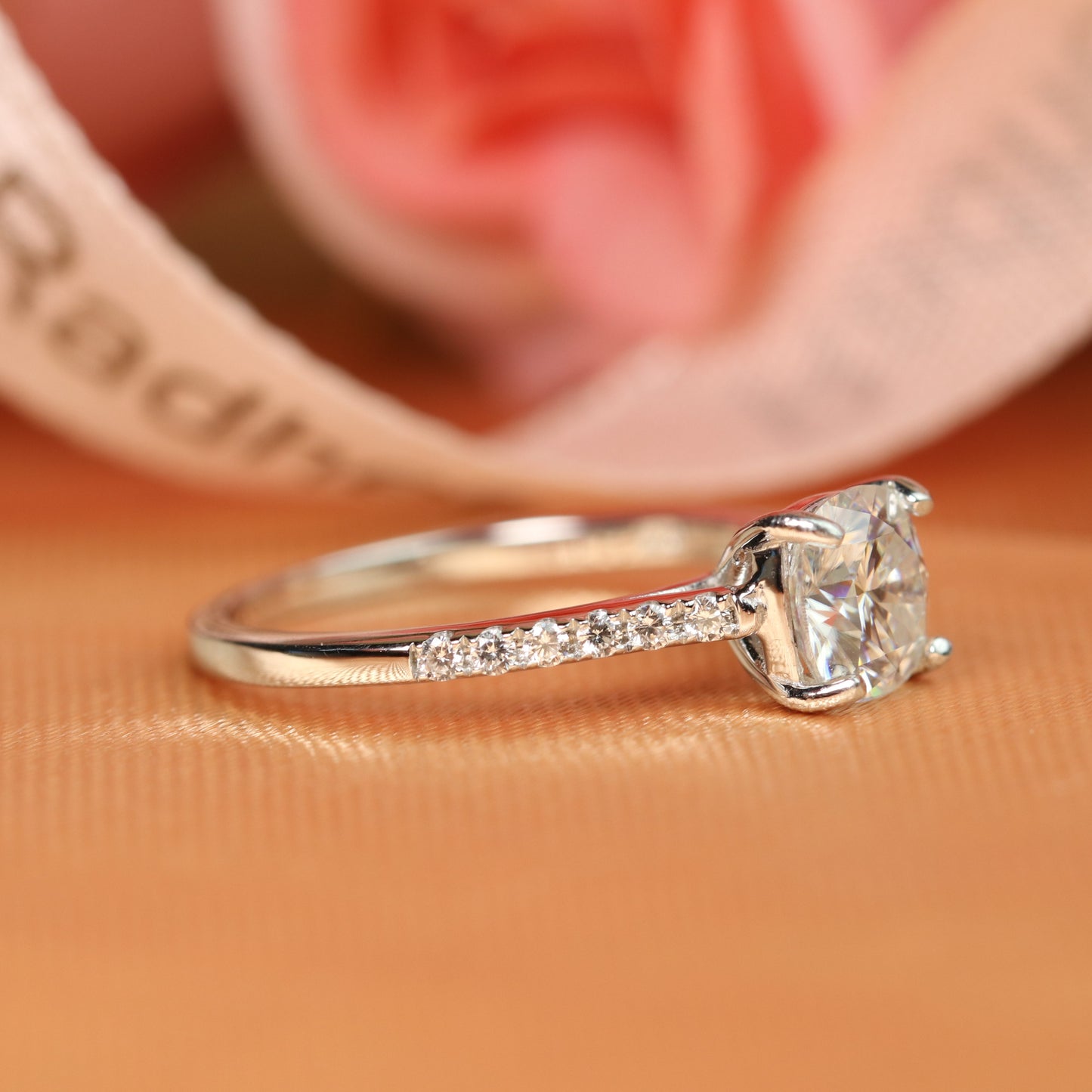 Vintage 1.1 carat cushion cut Moissanite Engagement Ring in White Gold