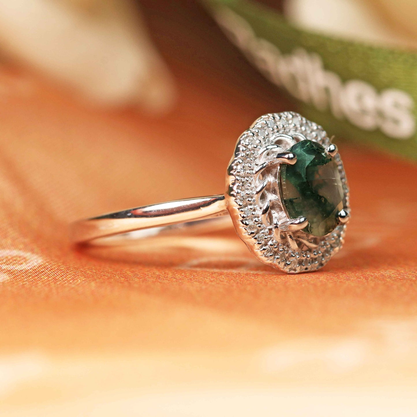 Sunflower 1.30 carat Oval Cut Moss Green Agate and Diamond Milgrain Halo Twist Frame Wedding Ring in White Gold