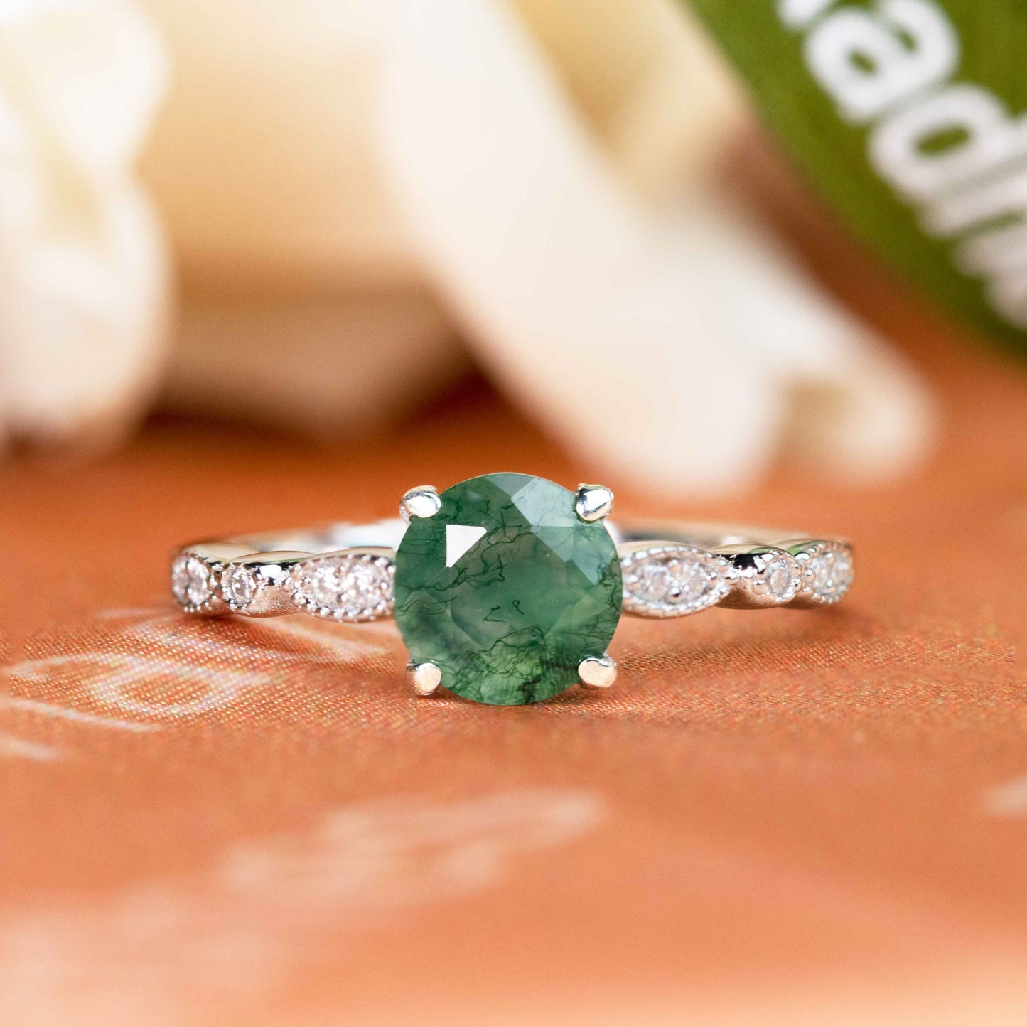1.15 carat Round Cut Moss Green Agate and Diamond Milgrain Solitaire Engagement Ring in White Gold
