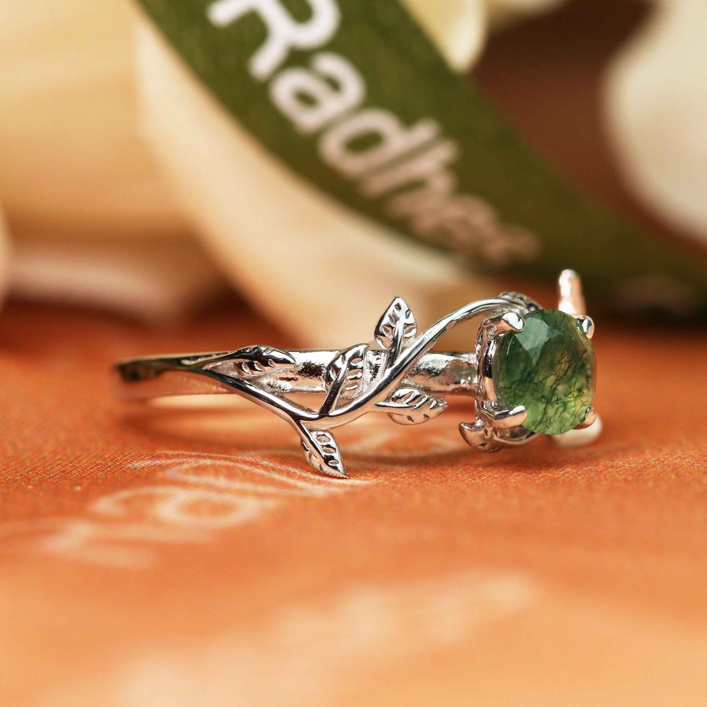 Dainty Vine 1 carat Round Shaped Moss Green Agate Solitaire Ring in White Gold