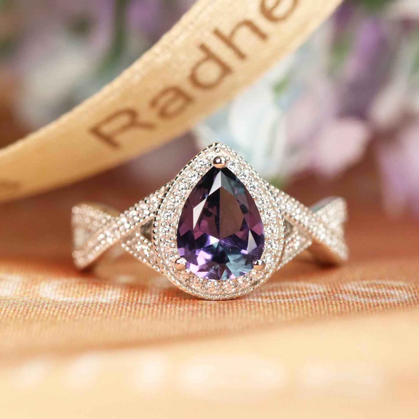 Imposing 1.5 carat Pear Shaped Alexandrite Diamond Pave Twist Shank Milgrain Statement Ring in White Gold