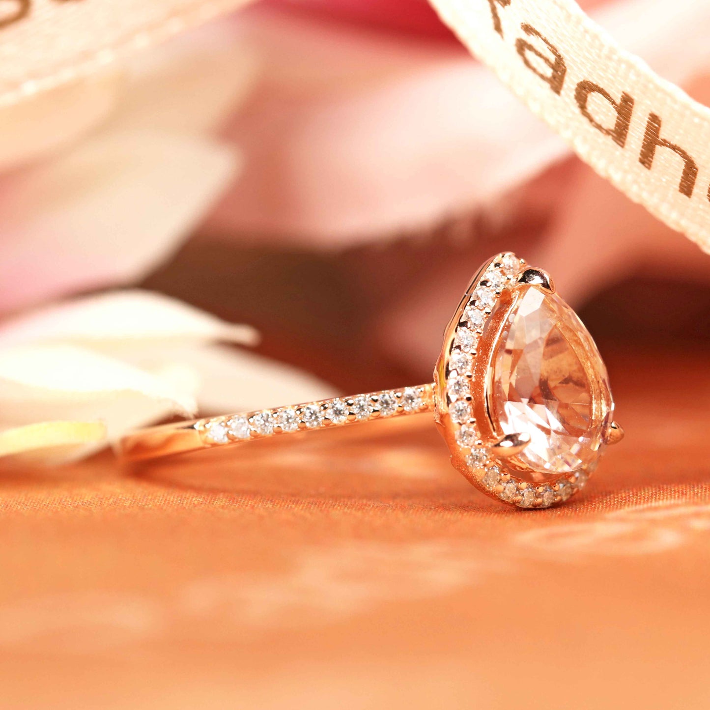 Classic 1.5 carat tear drop pear shape peach pink Morganite Engagement Ring for Women In Rose Gold