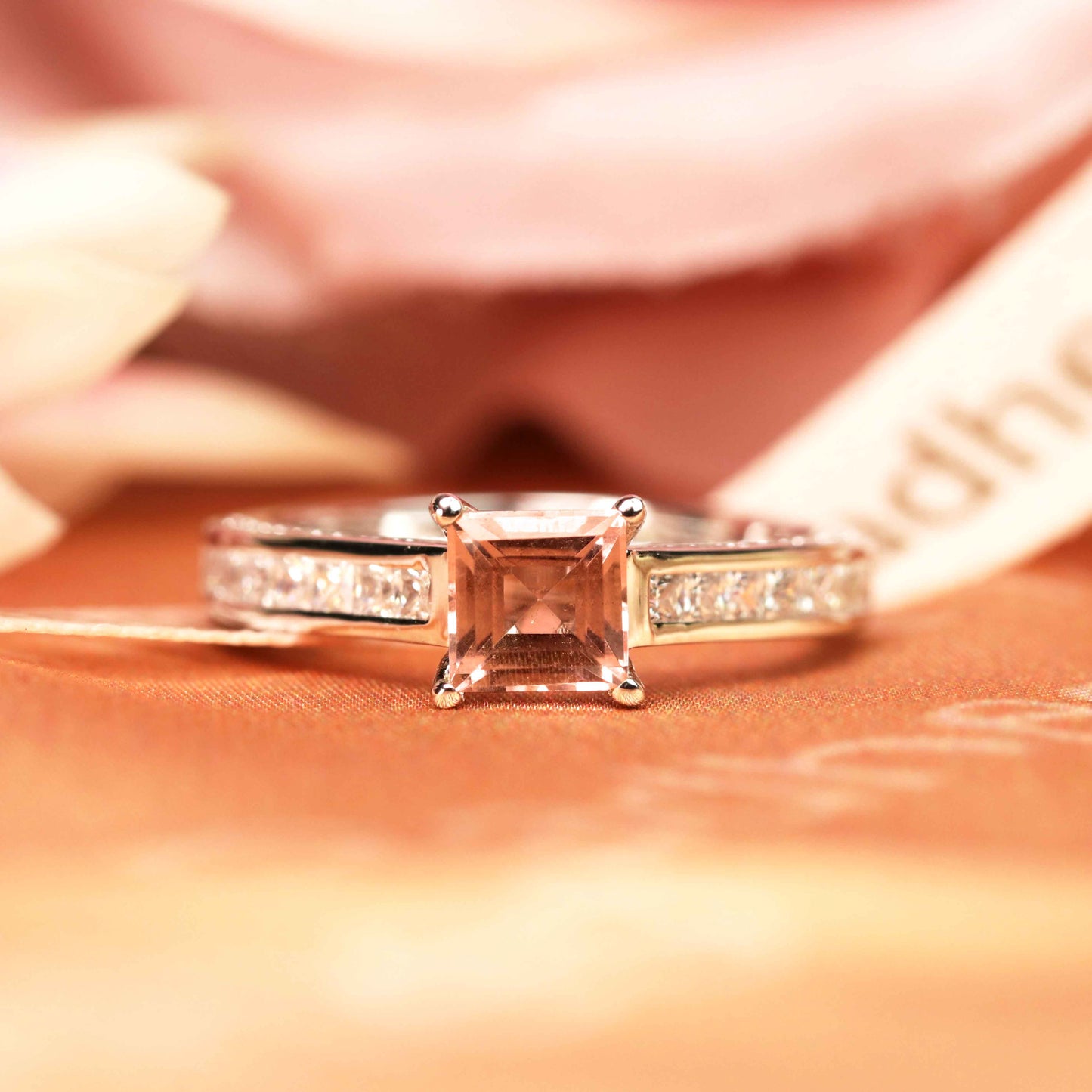 Antique 1.25 carat Princess Cut Peach Pink Morganite Channel Set Engagement Ring in White Gold