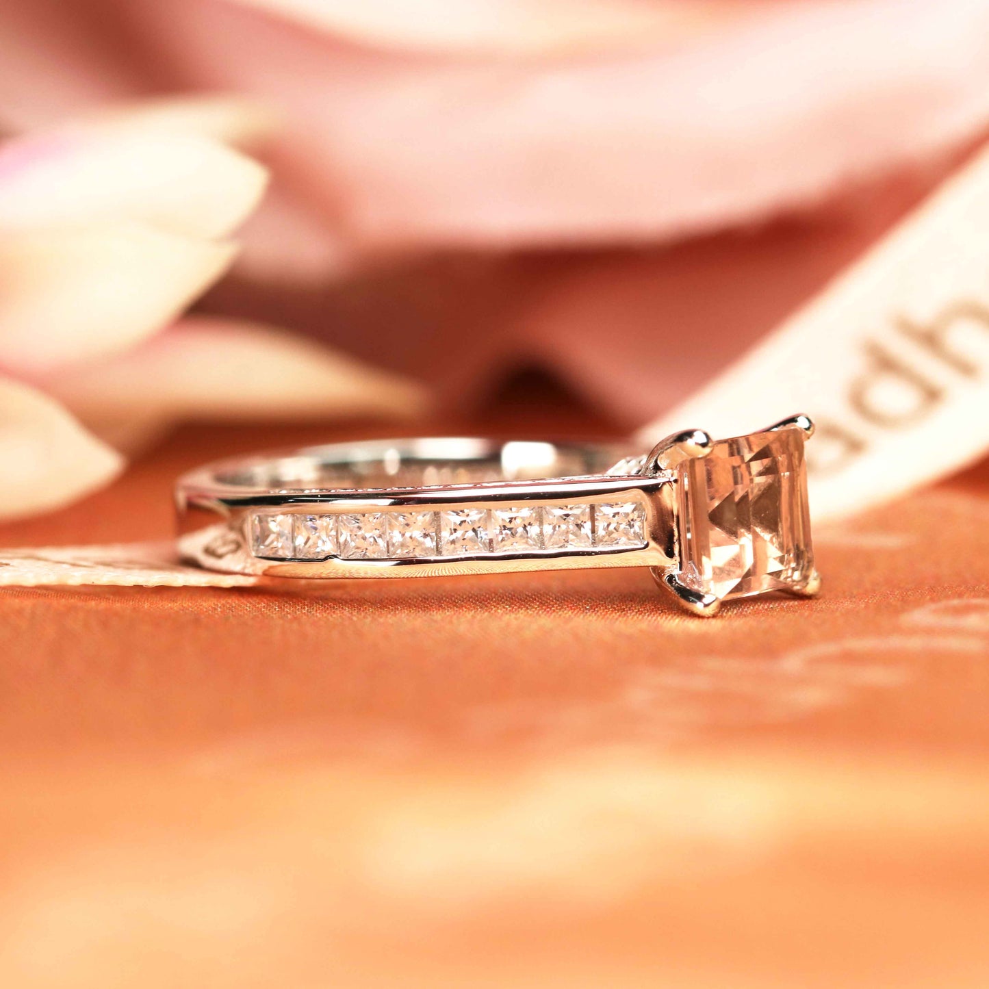 Antique 1.25 carat Princess Cut Peach Pink Morganite Channel Set Engagement Ring in White Gold