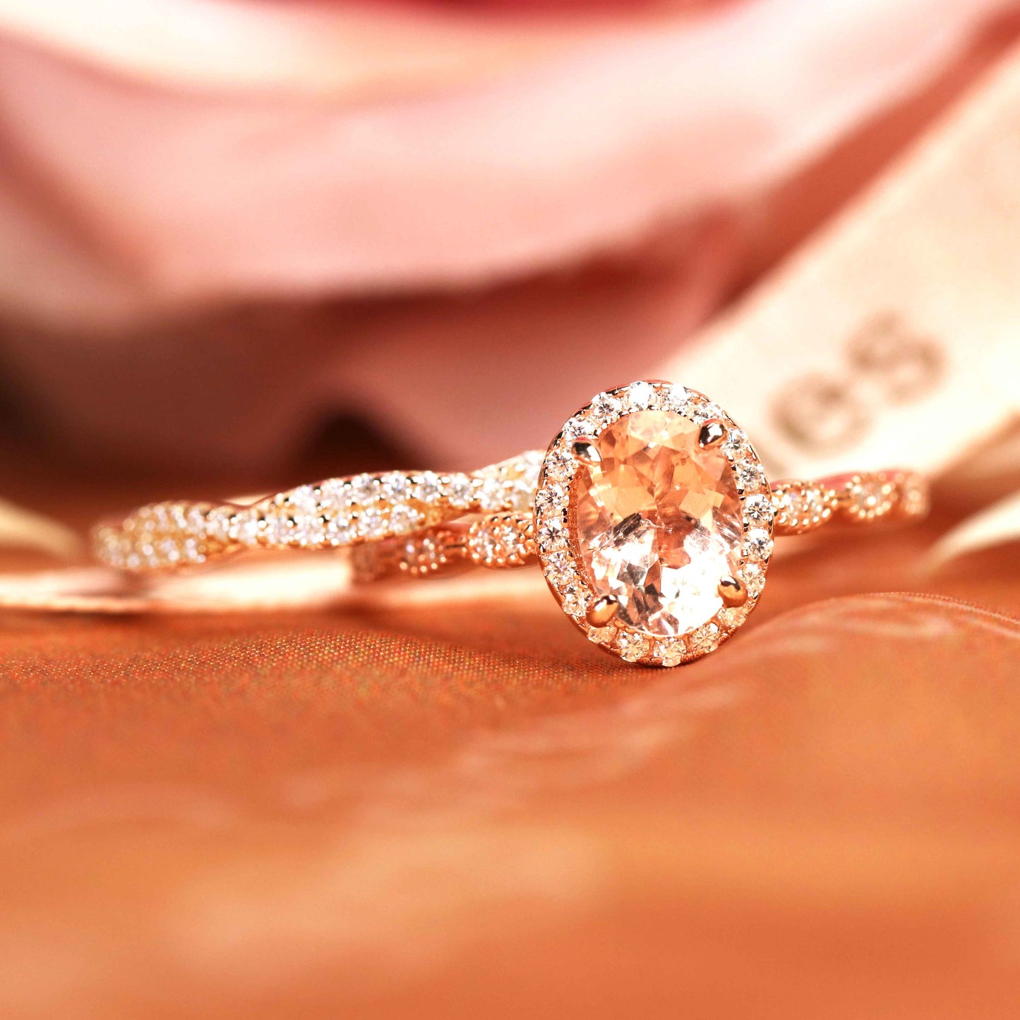 Bezel set 1.75 carat oval cut peach pink Morganite vintage Wedding Ring Set in Rose Gold