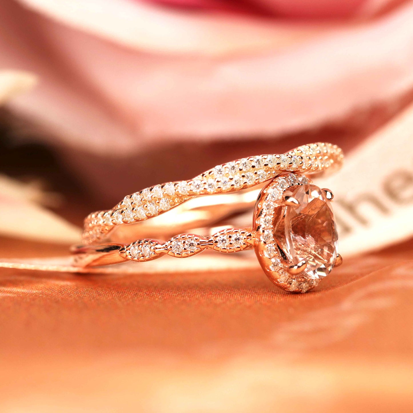 Bezel set 1.75 carat oval cut peach pink Morganite vintage Wedding Ring Set in Rose Gold