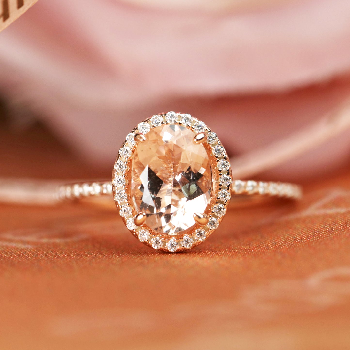 Sale Popular 1.5 carat peach pink Morganite with Diamond Halo Wedding Engagement Ring for Women