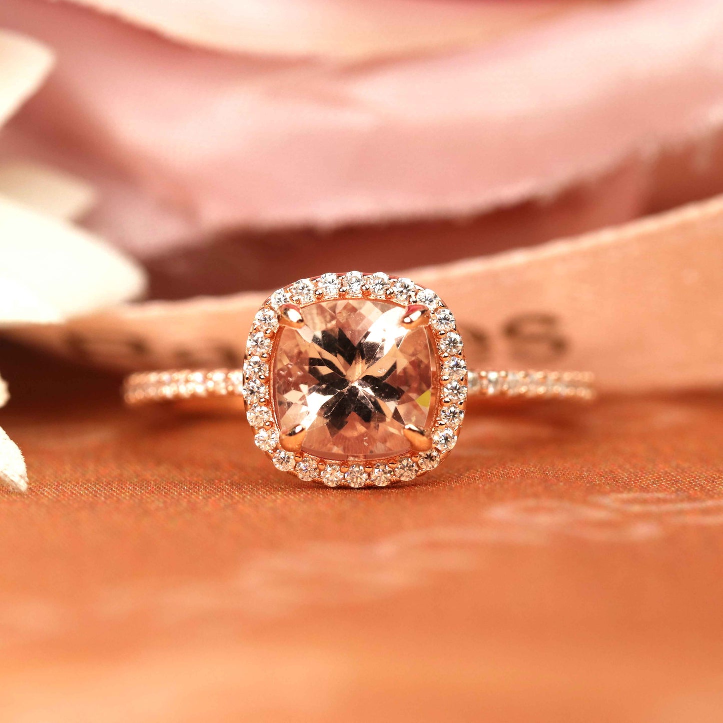 Sale 1.45 carat Cushion Cut Morganite with Diamond Halo Engagement Ring in Rose Gold