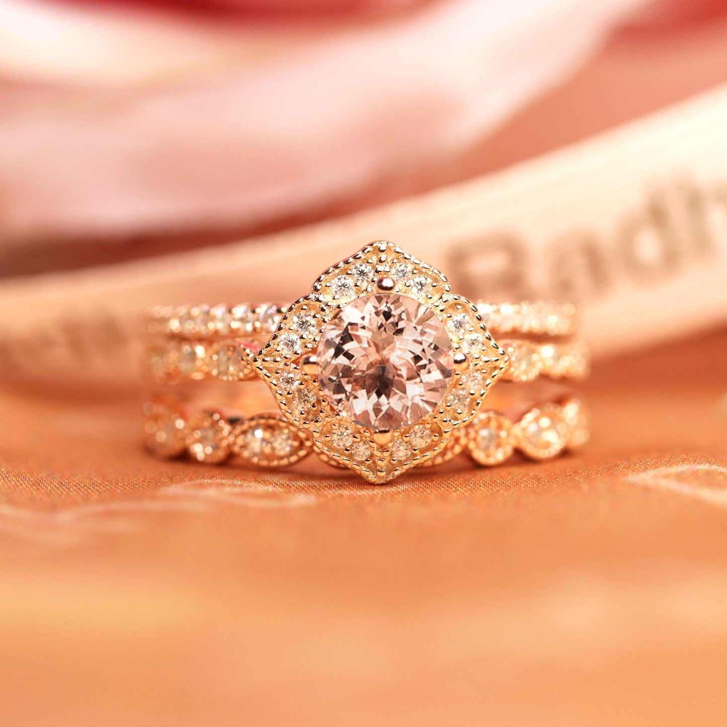 Flower Halo 1.9 carat Round Cut Morganite and Diamond Milgrain Vintage Trio Wedding Ring Set in Gold