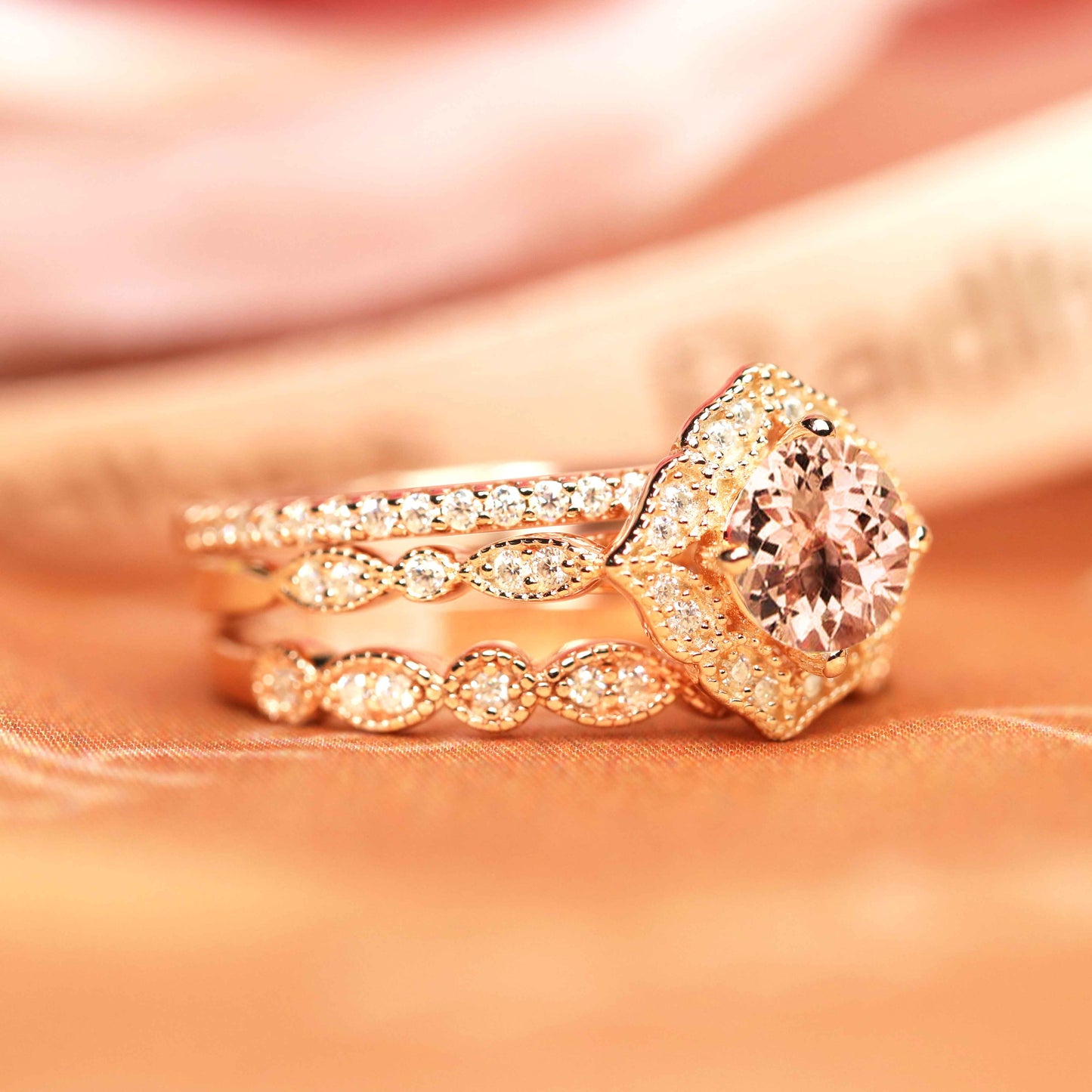 Flower Halo 1.9 carat Round Cut Morganite and Diamond Milgrain Vintage Trio Wedding Ring Set in Gold