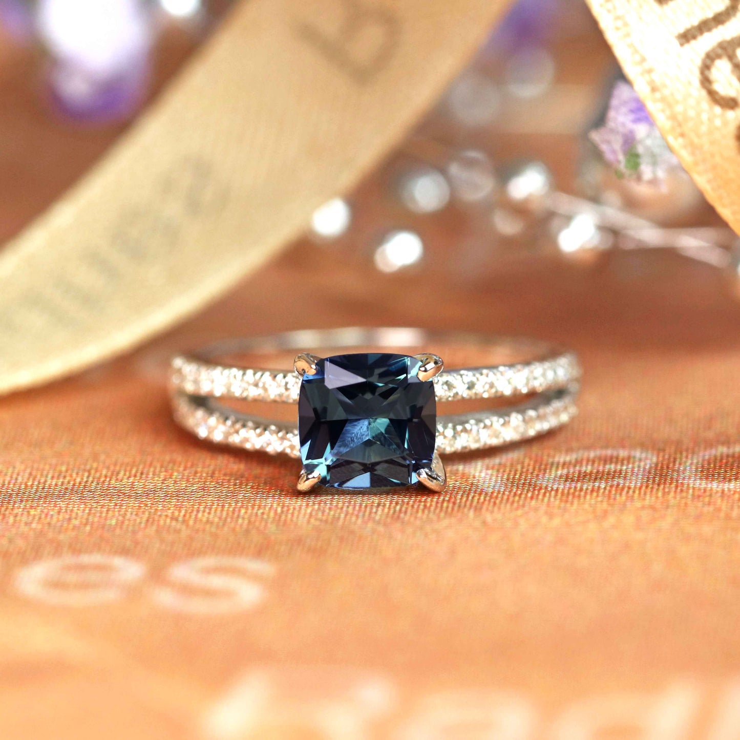 1.25 carat Cushion Cut Alexandrite Diamond Pave Split Shank Solitaire Engagement Ring in White Gold