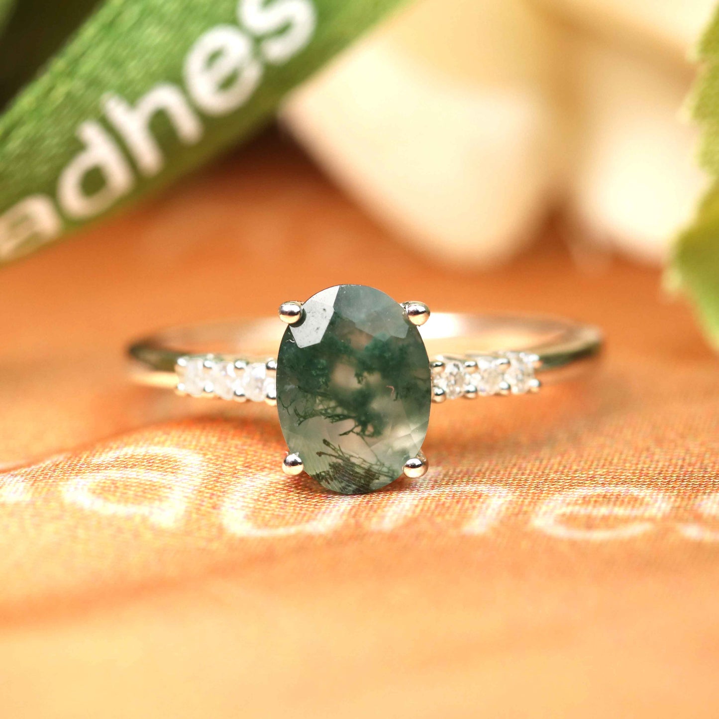 Classic 7 Stone 1.1 carat Oval Shaped Moss Green Agate and Diamond Accent Bridal Ring For Women in White Gold