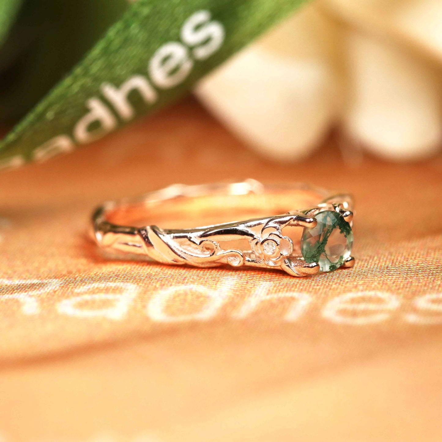 0.55 carat Round Cut Moss Green Agate and Diamond Split Shank Floral Vine Engagement Ring in Rose Gold