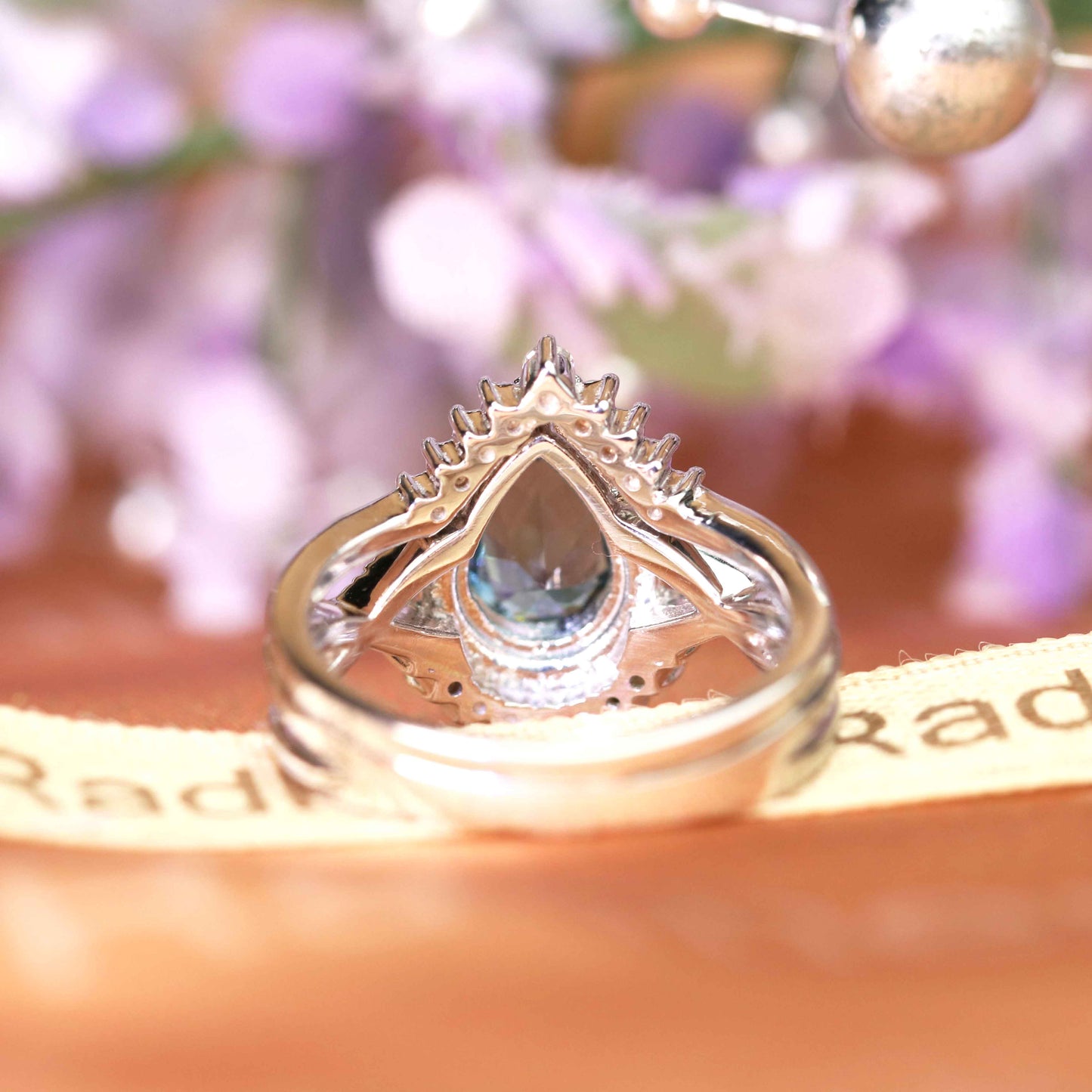 Magnificent 1.75 carat Pear Cut Alexandrite and Diamond 2 pcs. Nesting Engagement Ring Set in White Gold