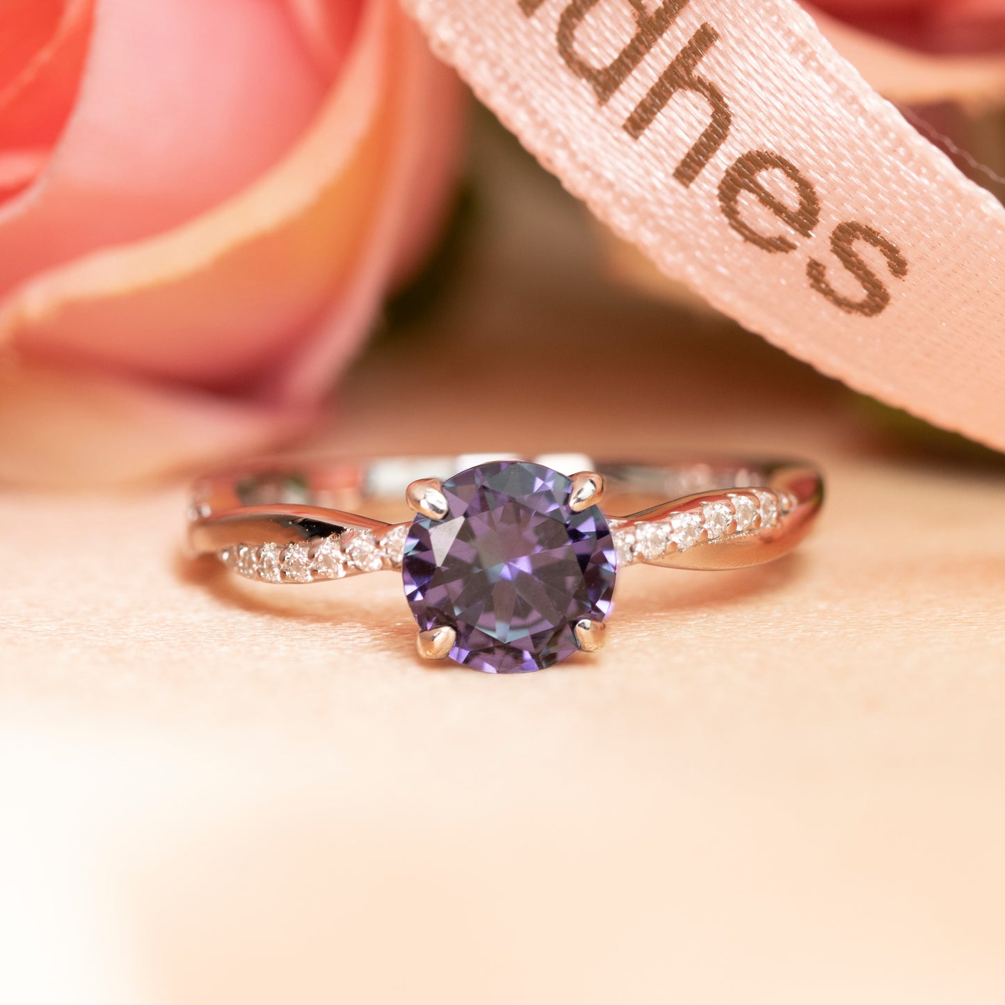 Solitaire 1.25 carat Round Shaped Alexandrite and Diamond Semi-pave Twisted Shank Anniversary Ring in White Gold