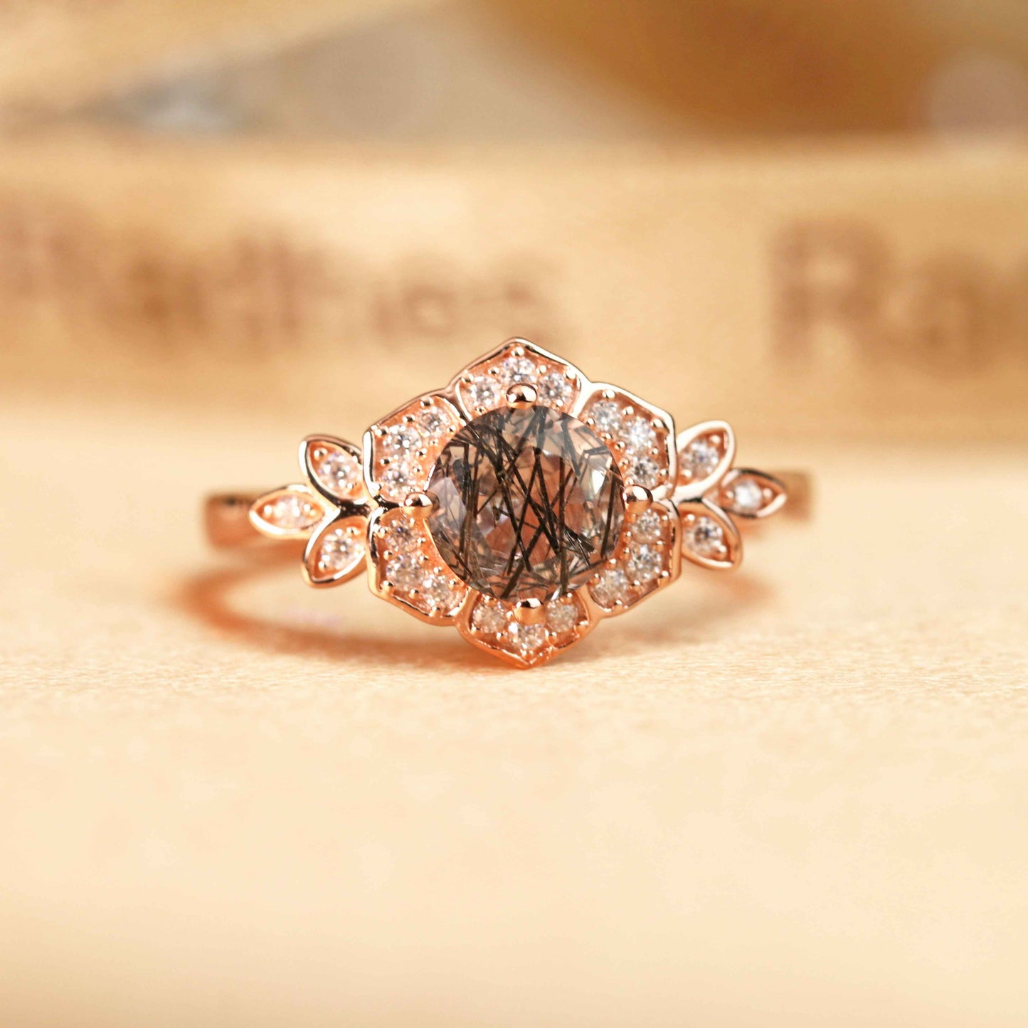 Flower Halo 1.25 carat Round Cut Rutilated Quartz and Diamond Plain Shank Ring in Rose Gold