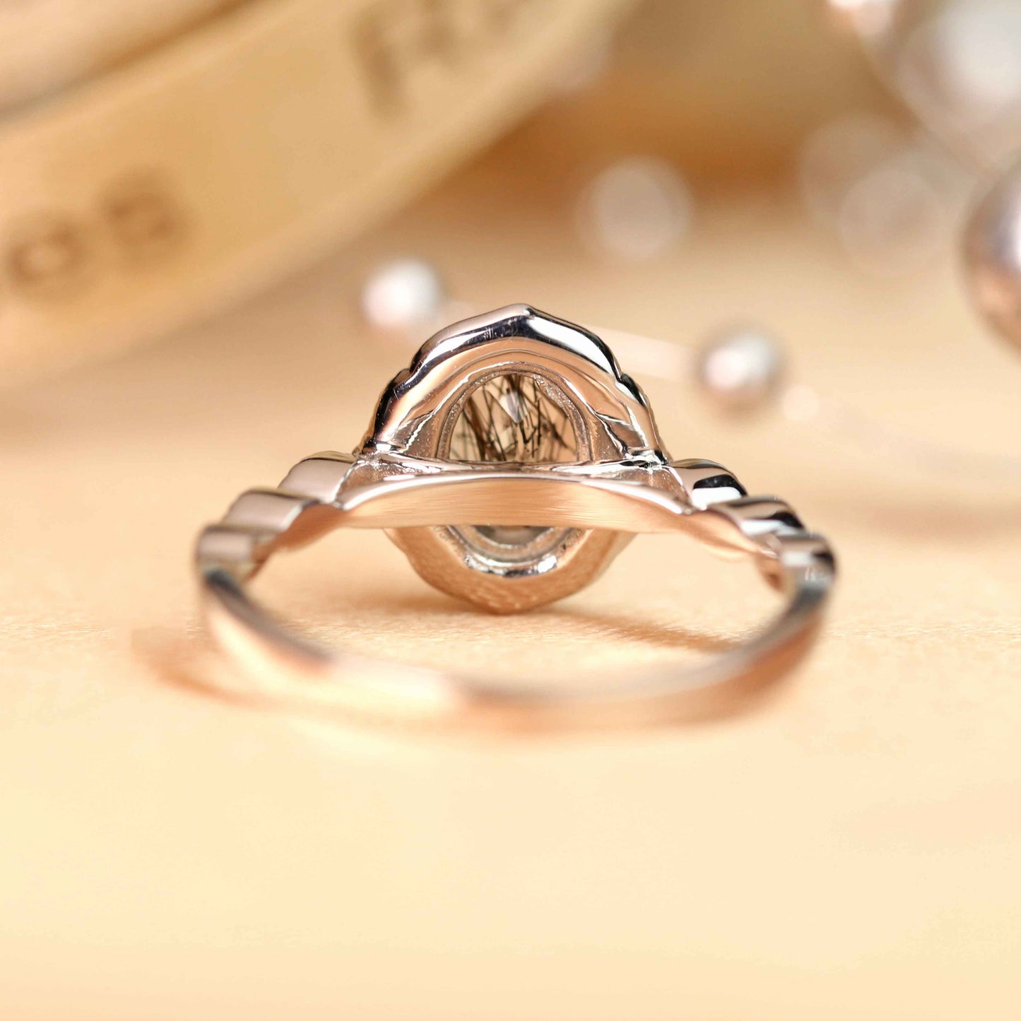 1.25 carat Oval Cut Rutilated Quartz and Diamond Vintage Halo Milgrain Wedding Ring in White Gold