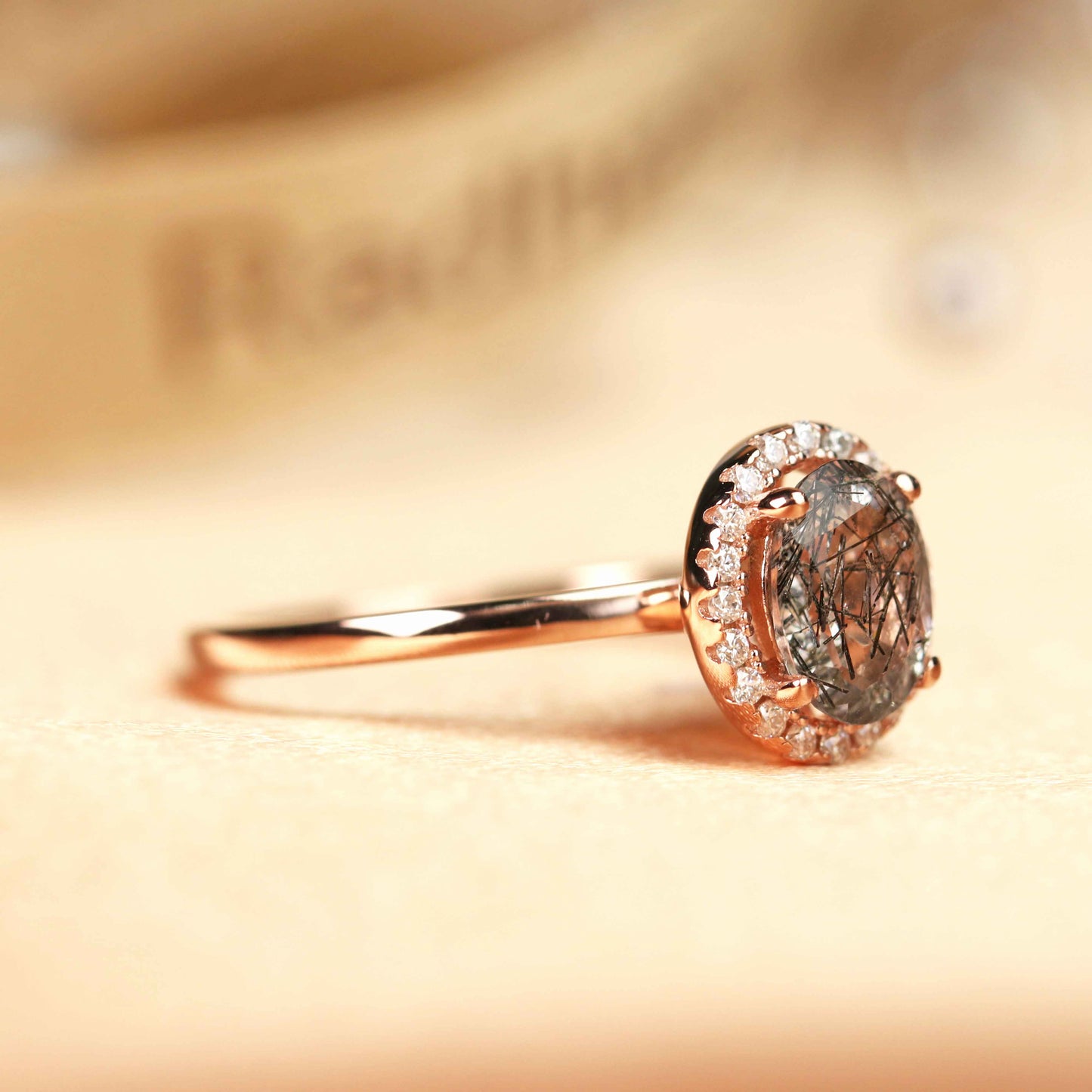 Classic 1.2 carat Oval Cut Rutilated Quartz and Diamond Halo Plain Shank Wedding Ring for Women in Rose Gold