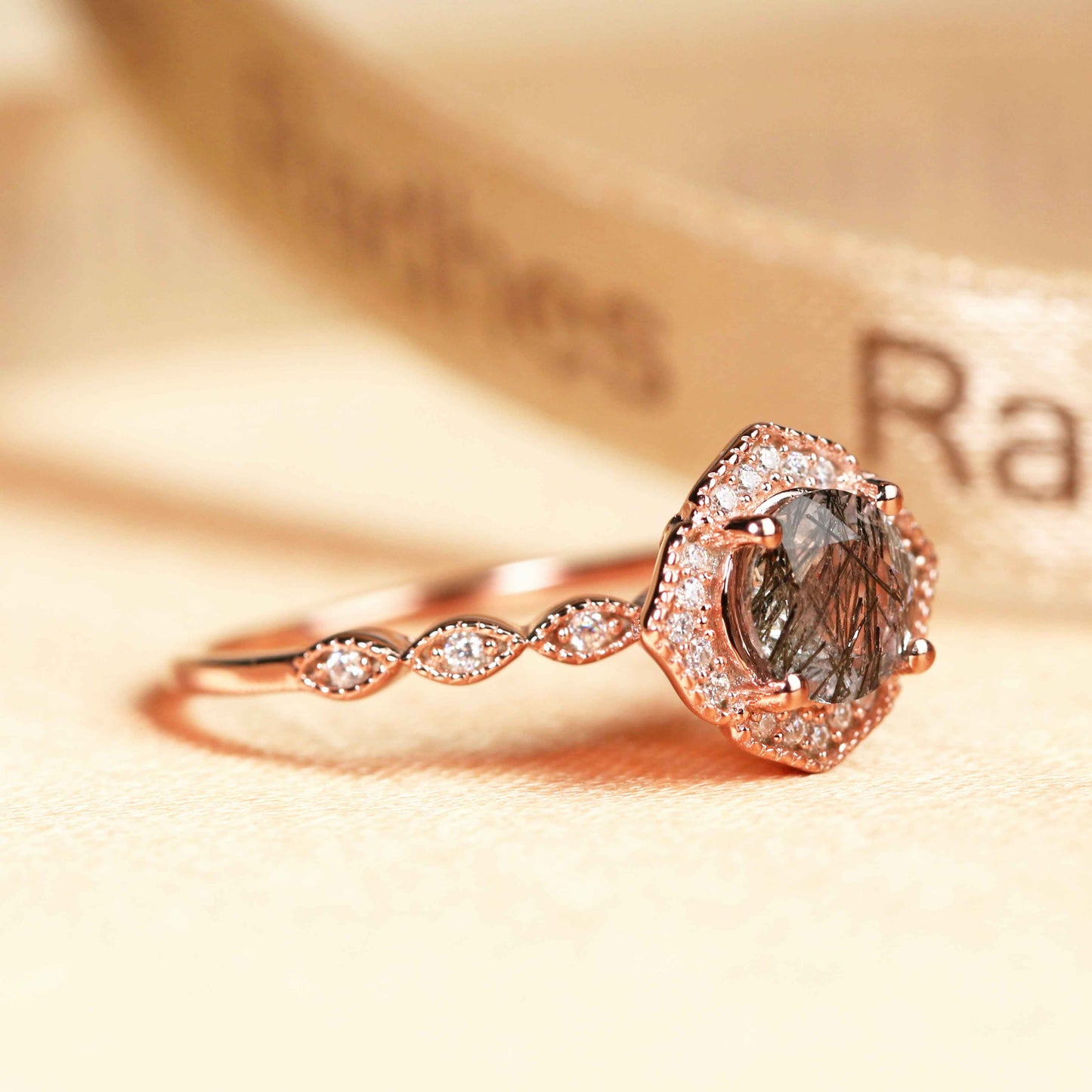Vintage Flower Petal 1.5 carat Round Cut Rutilated Quartz and Diamond in Marquise Bezel Ring for Women in Rose Gold