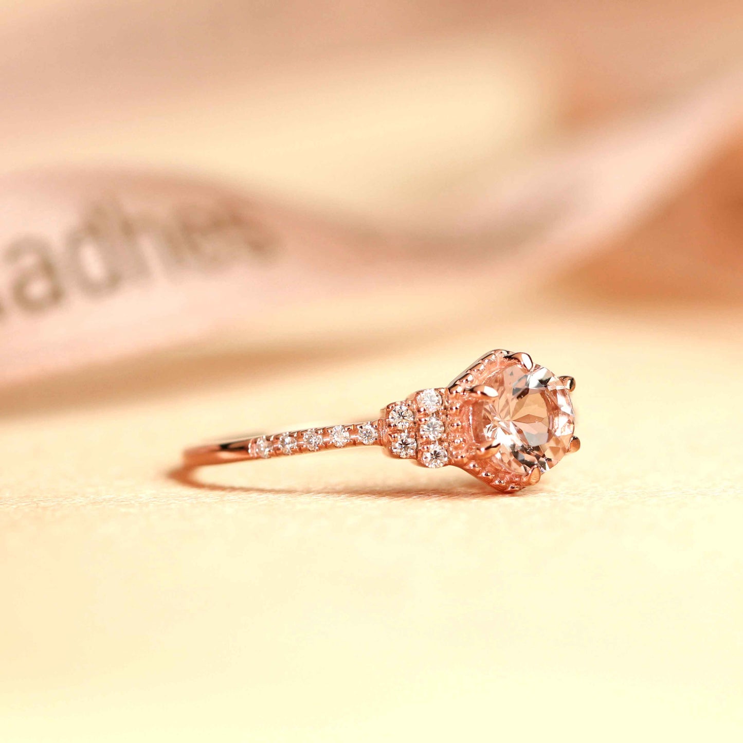 Unique 1.35 carat round cut peach pink Morganite Engagement Ring in Rose Gold