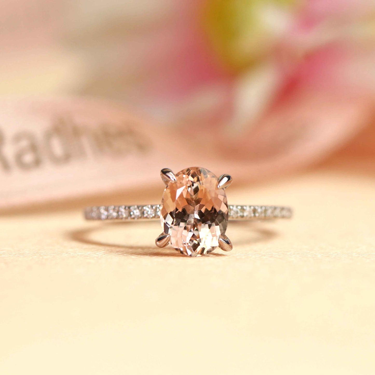 Vertical 1.25 carat Classic Oval cut Peach Pink Morganite Solitaire Engagement Ring in White Gold