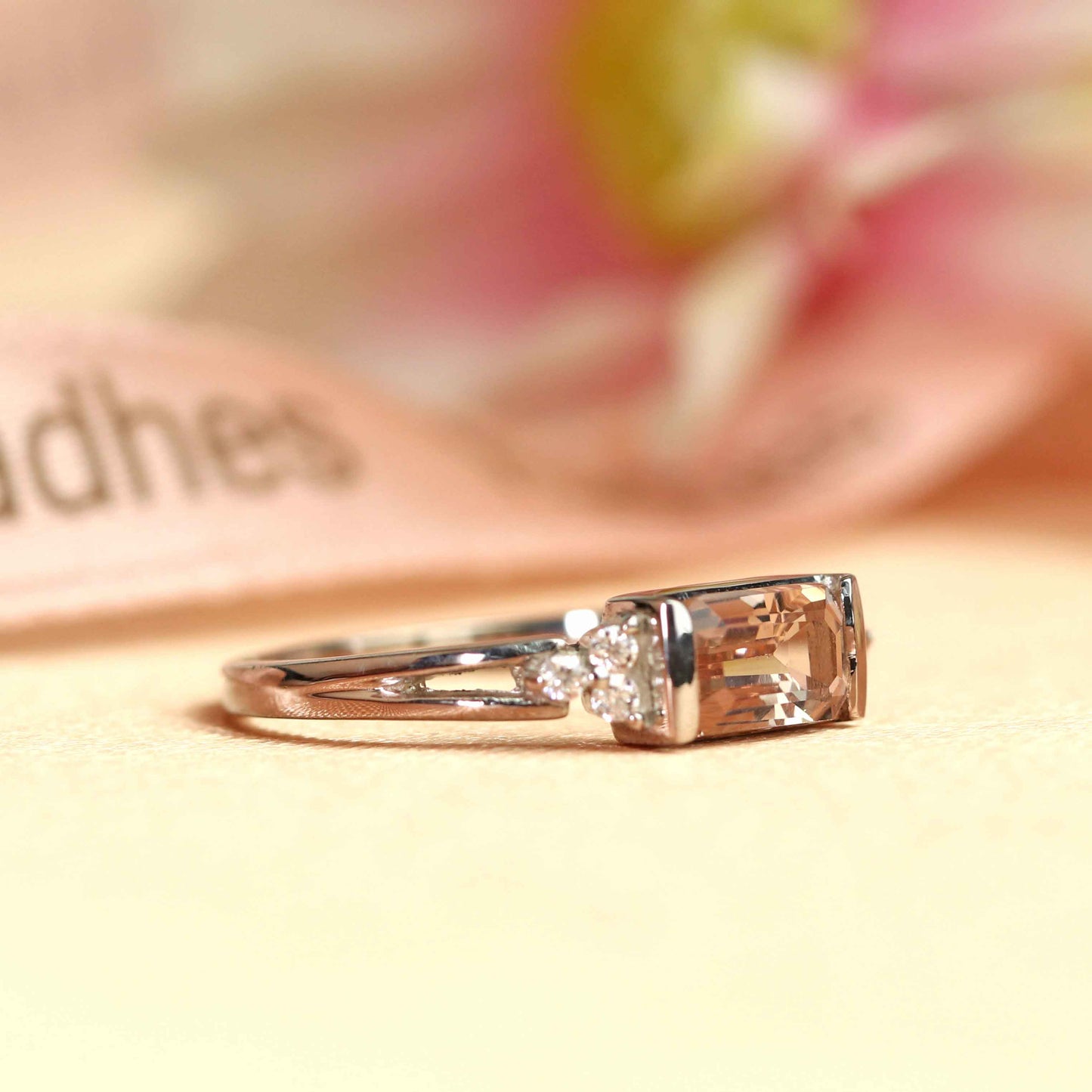 Classic 1.1 carat Emerald Cut Peach Morganite 7 Stone Engagement Ring in White Gold
