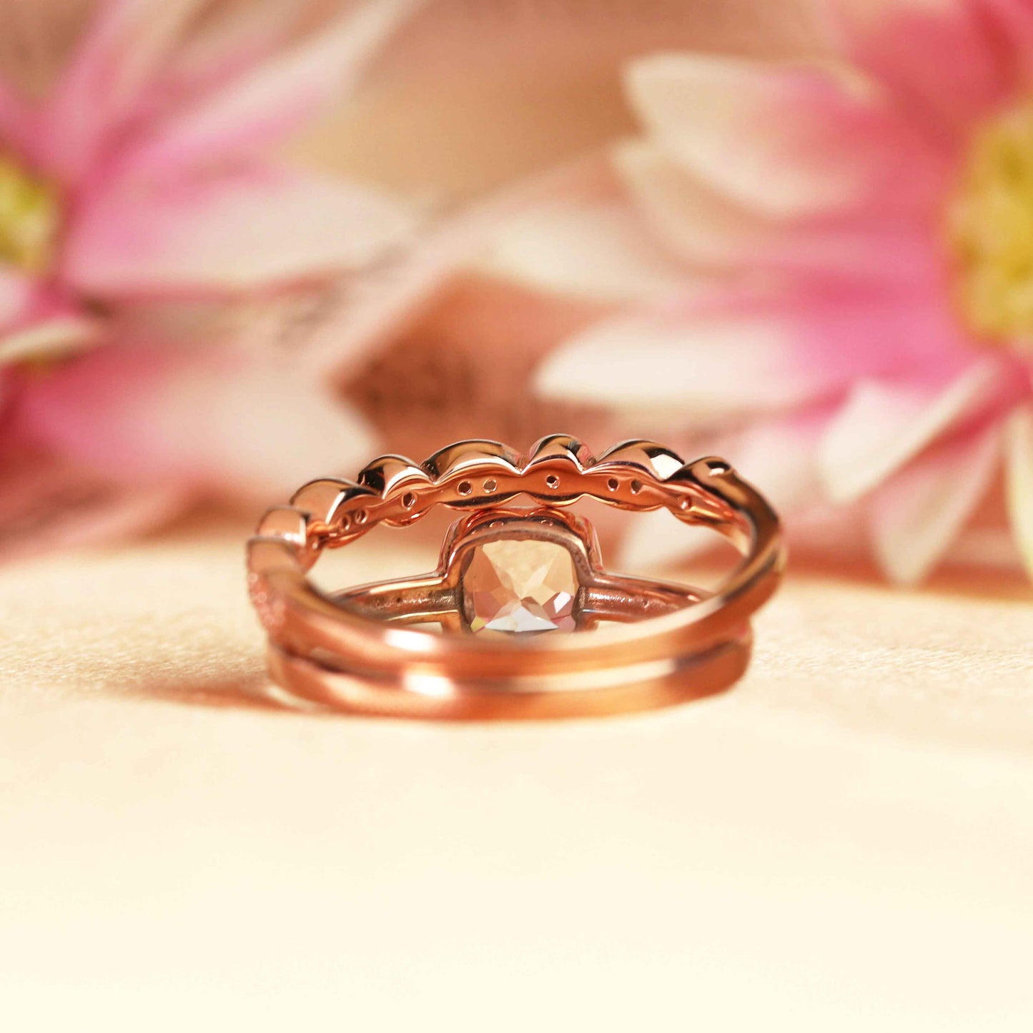 Solitaire 1.15 carat cushion cut peach pink Morganite vintage Wedding Ring Set in Rose Gold