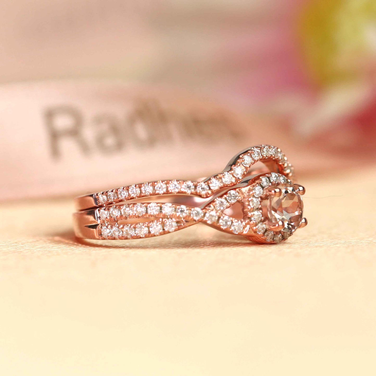 Antique 1.75 carat Round cut peach pink Morganite and Diamond Halo Bridal Wedding Set in Rose Gold