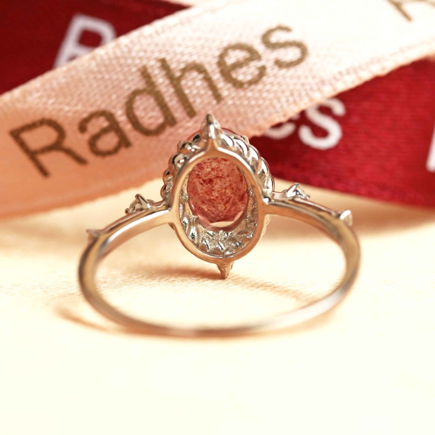 Swirl 1.05 carat Oval Cut Red Strawberry Quartz and Diamond Accent Vintage Ring in White Gold