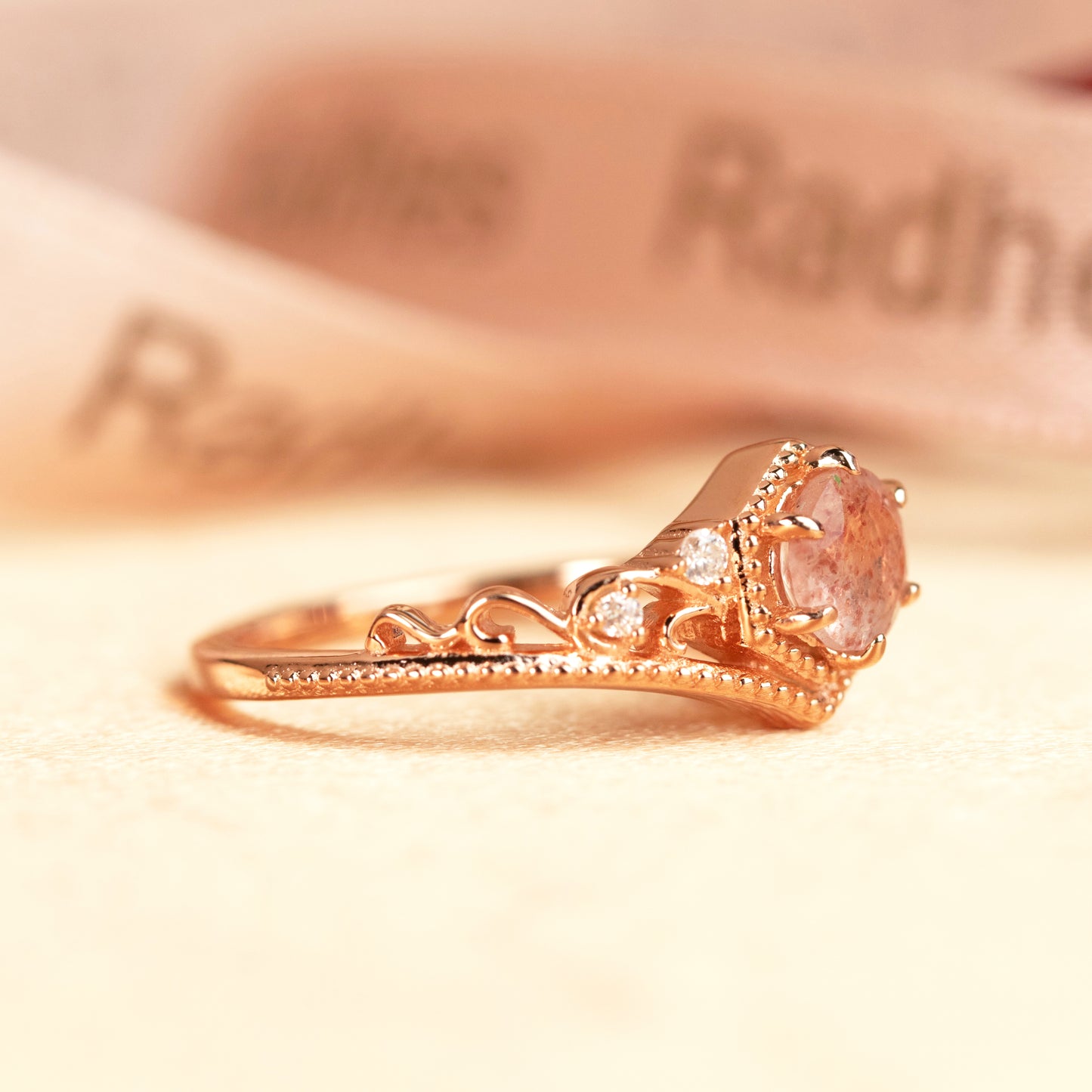 Milgrain Tiara 0.6 carat Round Cut Strawberry Quartz and Diamond Filigree Bezel Engagement Ring in Rose Gold