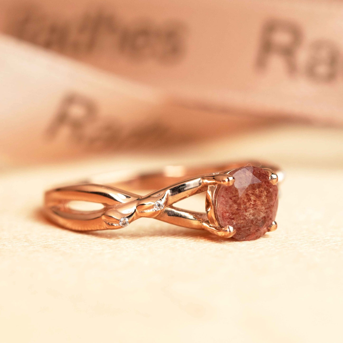 Dainty 1 carat Round Cut Strawberry Quartz and Diamond Twisted Shank Solitaire Engagement Ring for Women in Rose Gold