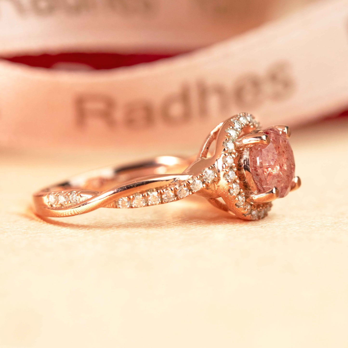Pave Halo 1.25 carat Round Shaped Strawberry Quartz and Diamond Twist Shank Women's Ring in Rose Gold
