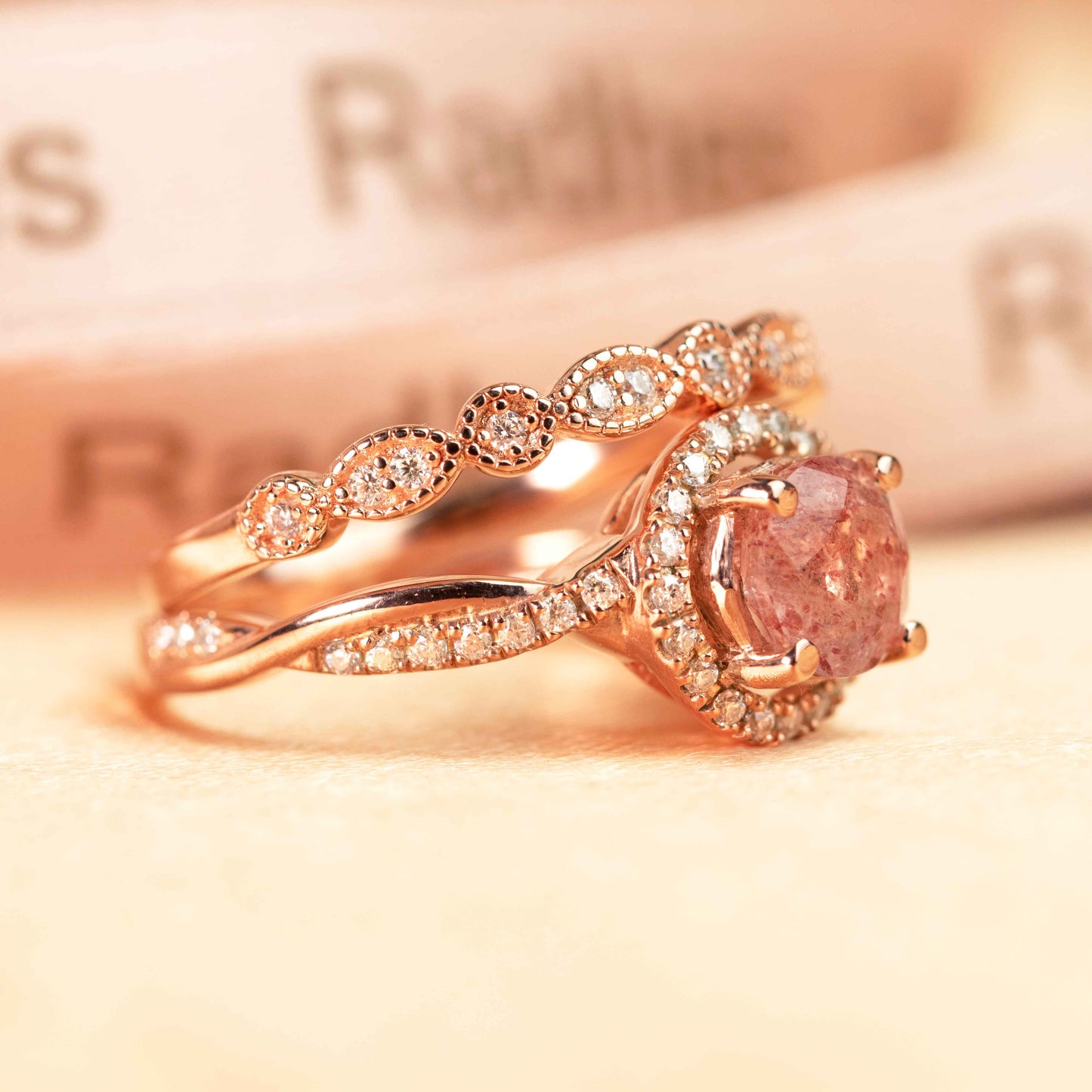1.5 carat Round Shaped Strawberry Quartz and Diamond Pave Halo Twist Shank Engagement Ring Set for Women in Rose Gold