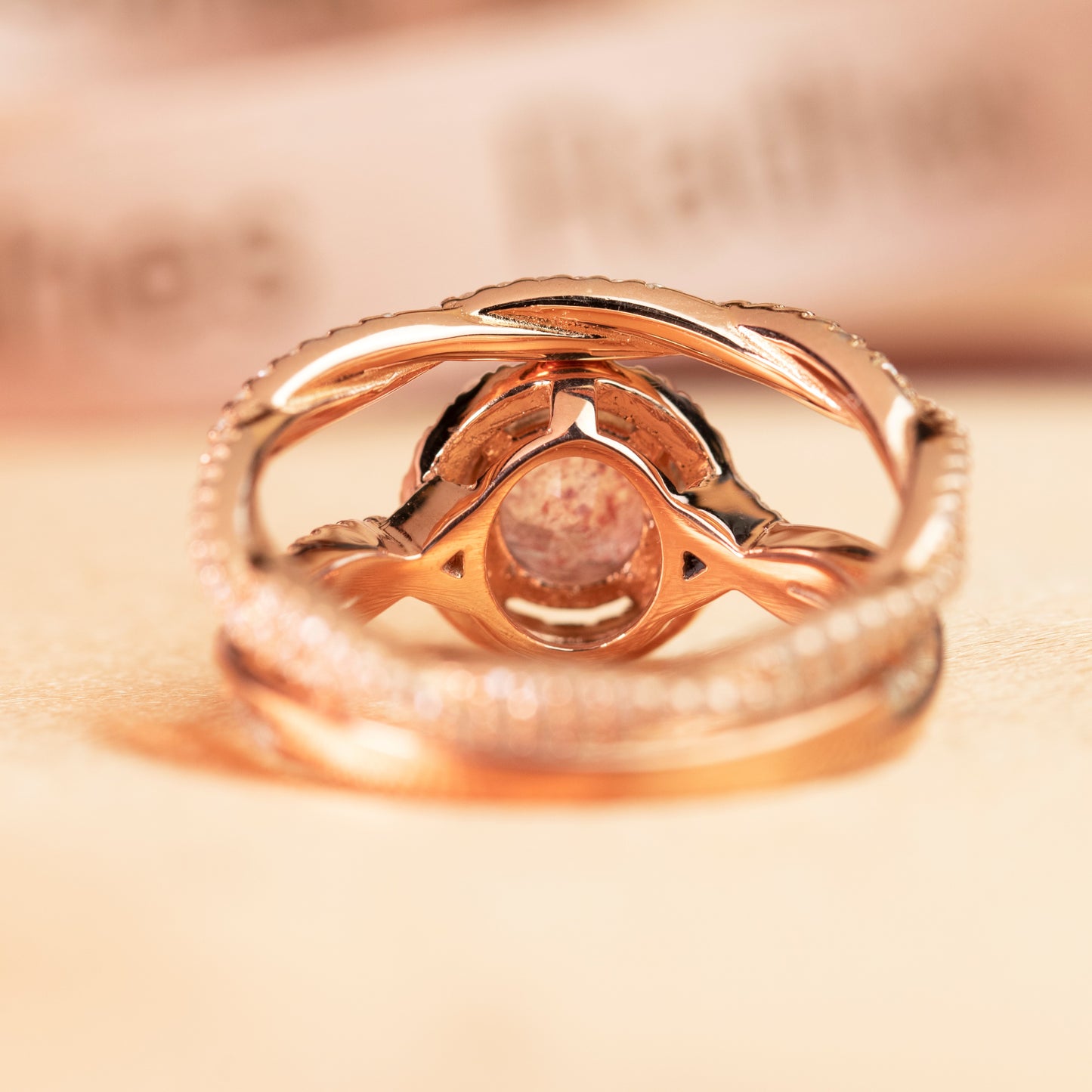 Classic Halo 1.75 carat Round Cut Strawberry Quartz Pave Diamond Twist Shank Wedding Ring Set for Women in Rose Gold