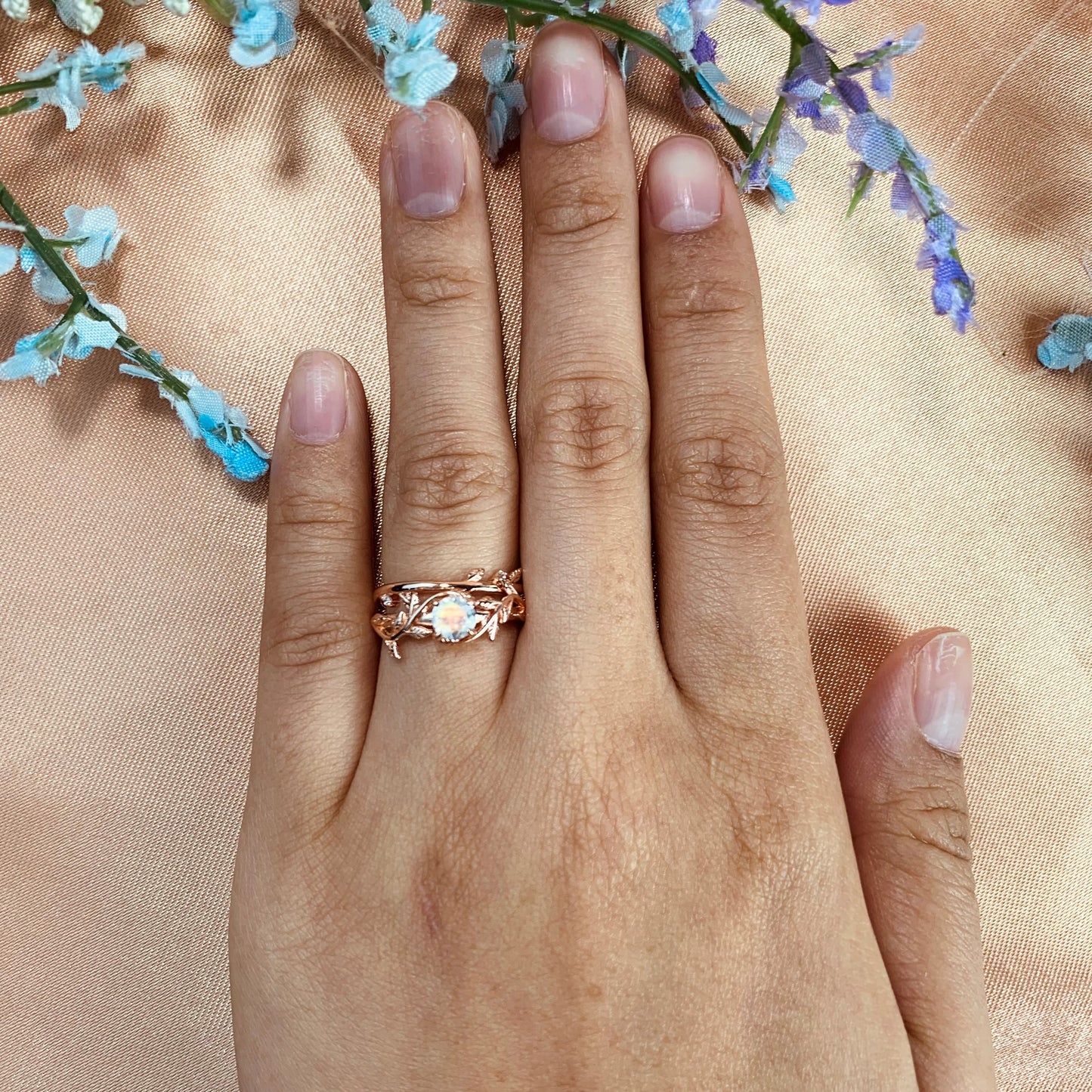 Leaf Design 1 carat Round cut rainbow Moonstone Diamond Wedding Set with Matching Wedding Ring Band, Rose Gold