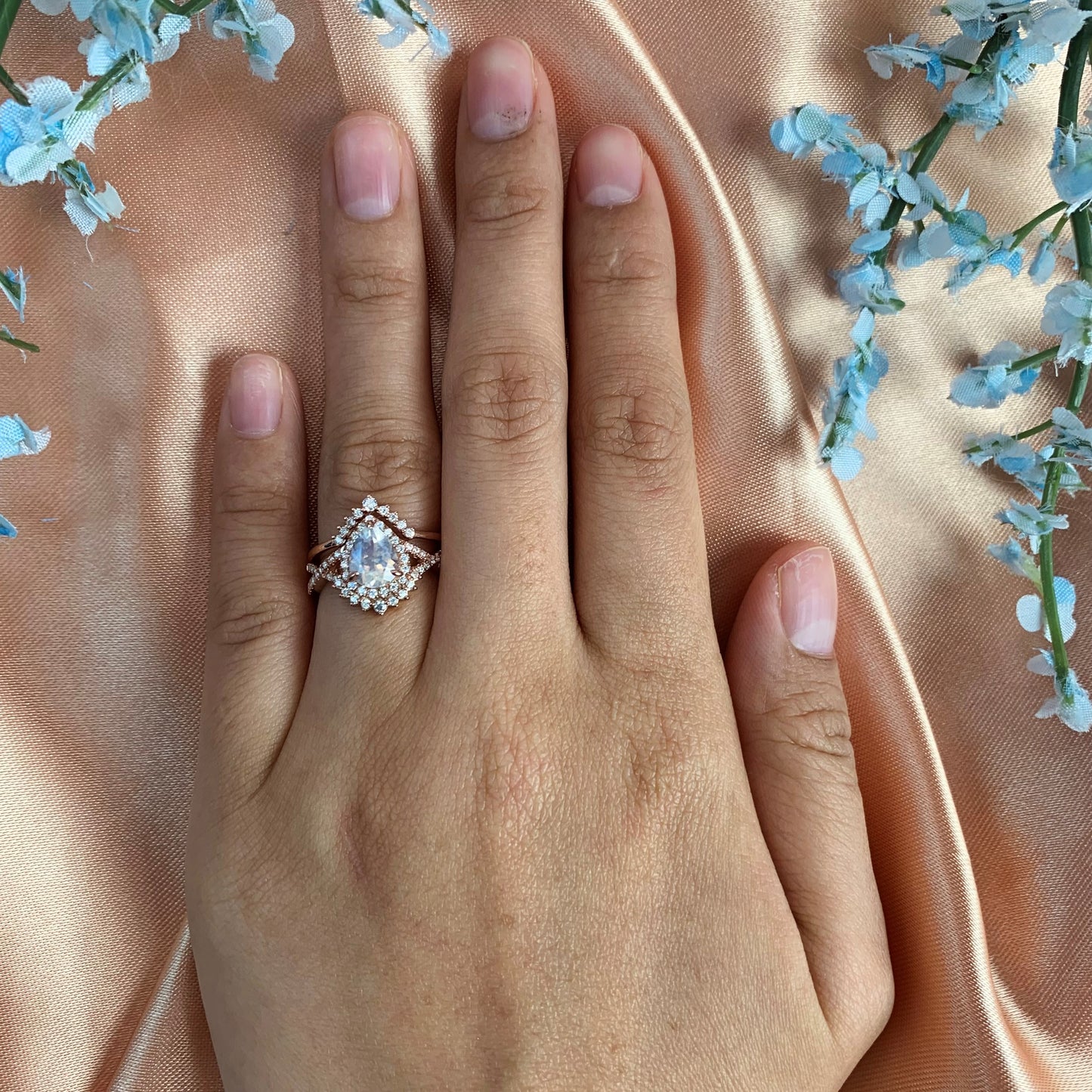 1.75 carat pear shape tear drop Moonstone Wedding Bridal Ring Set in Rose Gold