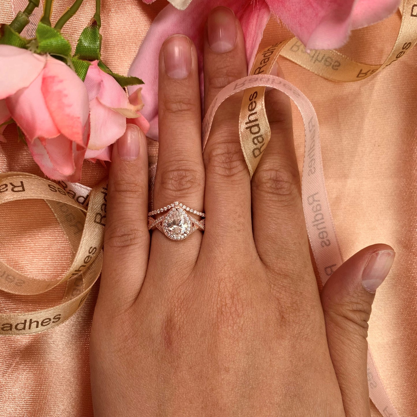 Vintage milgrain 1.75 carat pear shape Moissanite milgrain Wedding Ring Set in Rose Gold